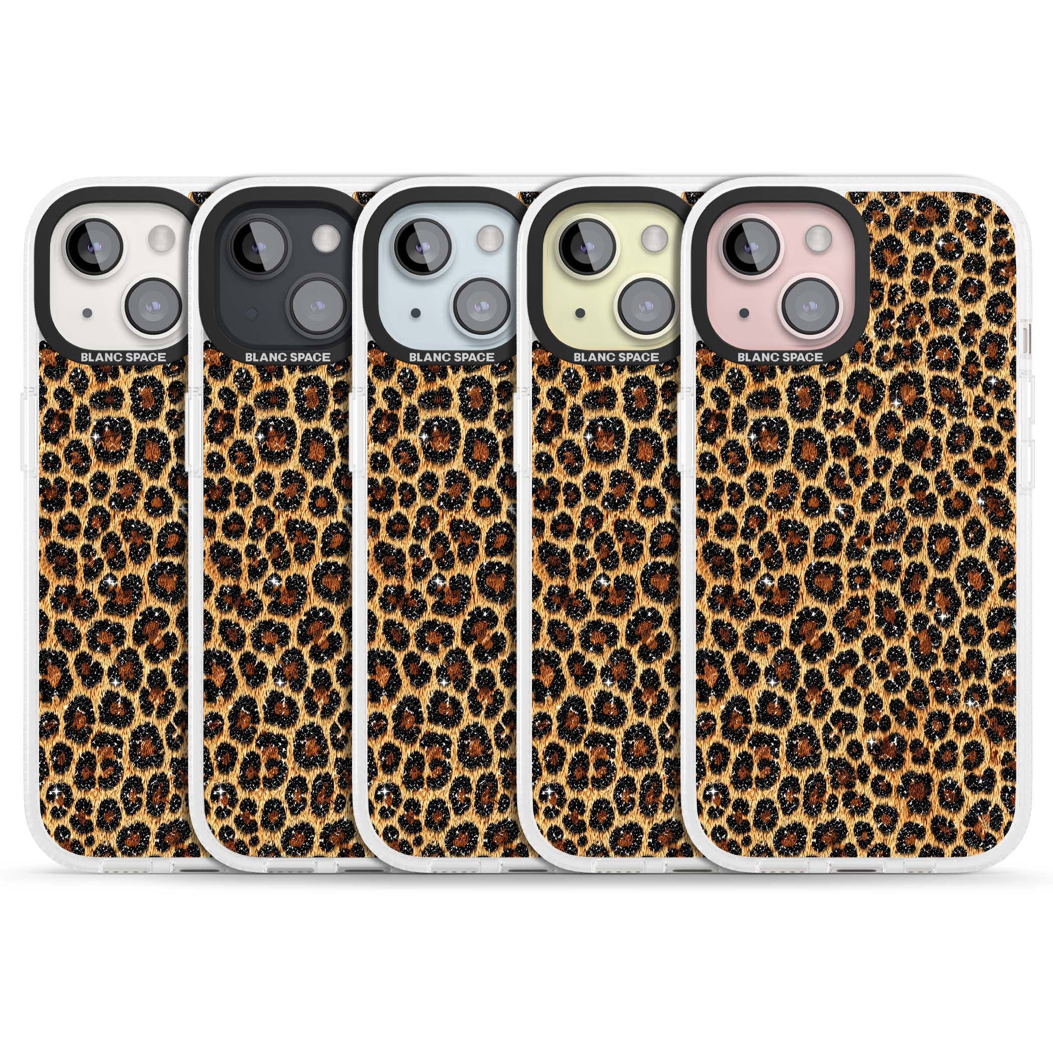 Diamond Leopard leopard print iPhone case featuring golden tan fur, black rosette spots and subtle glitter sparkle | Clear Case Impact Air case for iPhone 15, iPhone 15 Plus