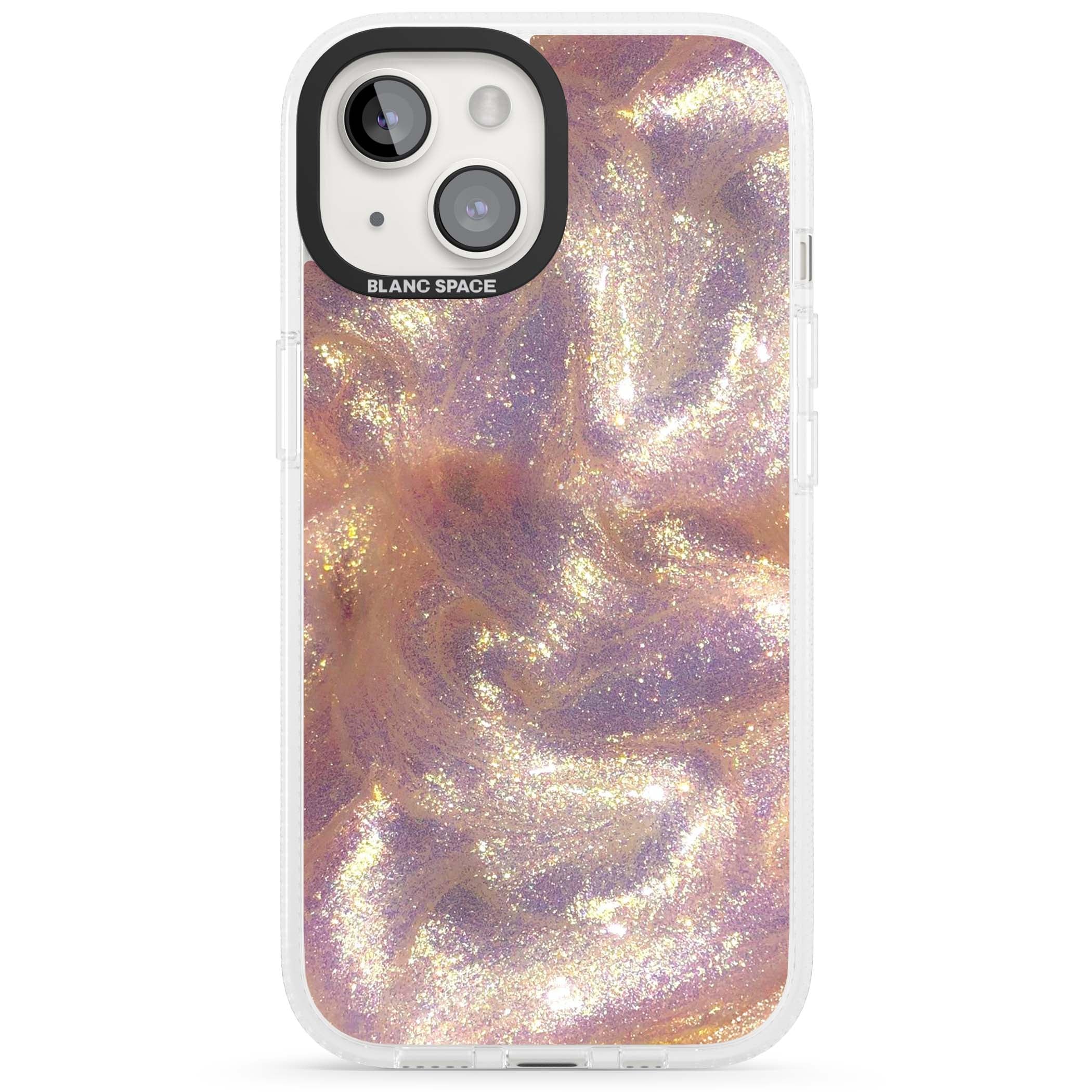 Shimmer marble iPhone case featuring rose gold glitter swirls, lilac shimmer and iridescent pearl finish | Clear Case Impact Air case for iPhone 15, iPhone 15 Plus