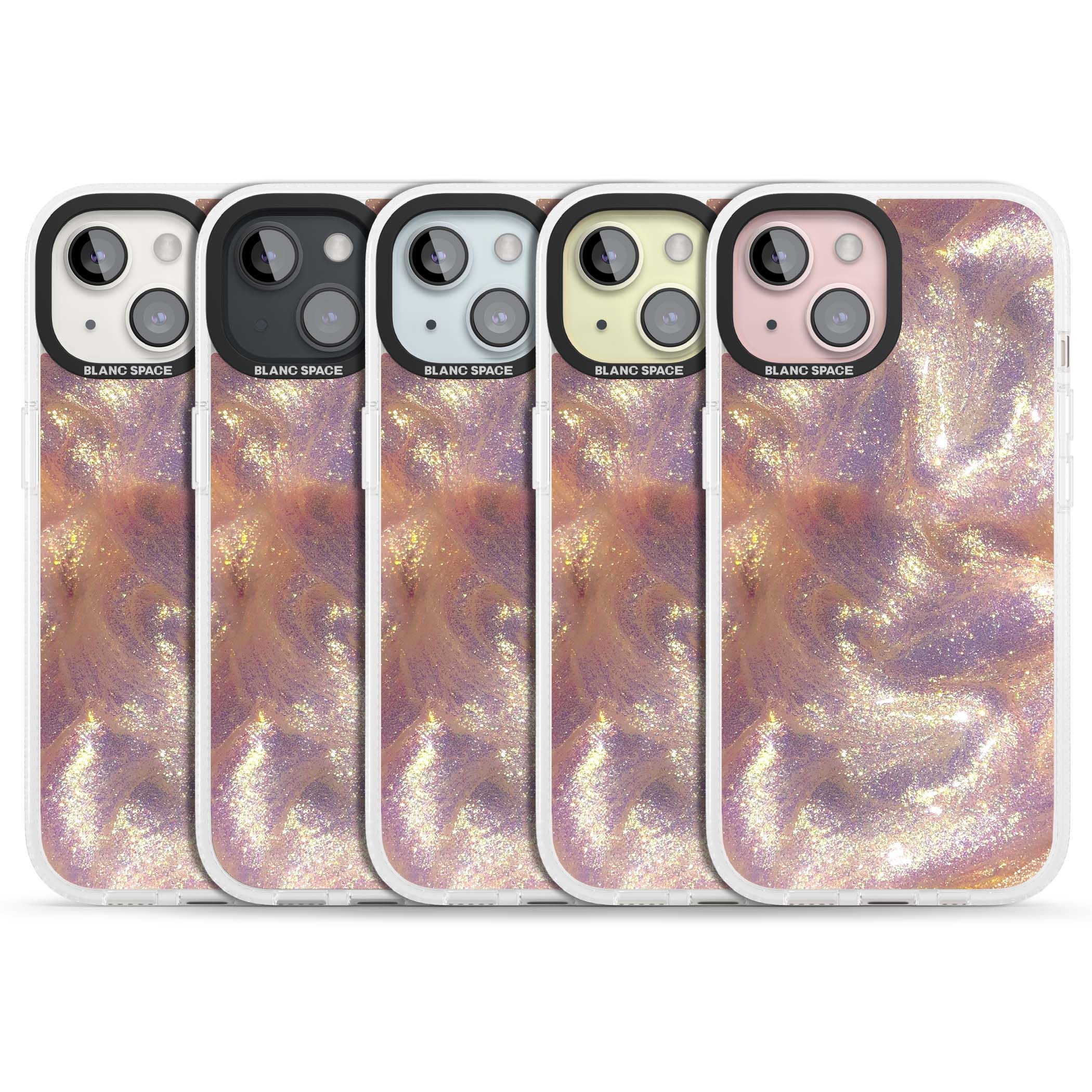 Shimmer marble iPhone case featuring rose gold glitter swirls, lilac shimmer and iridescent pearl finish | Clear Case Impact Air case for iPhone 15, iPhone 15 Plus