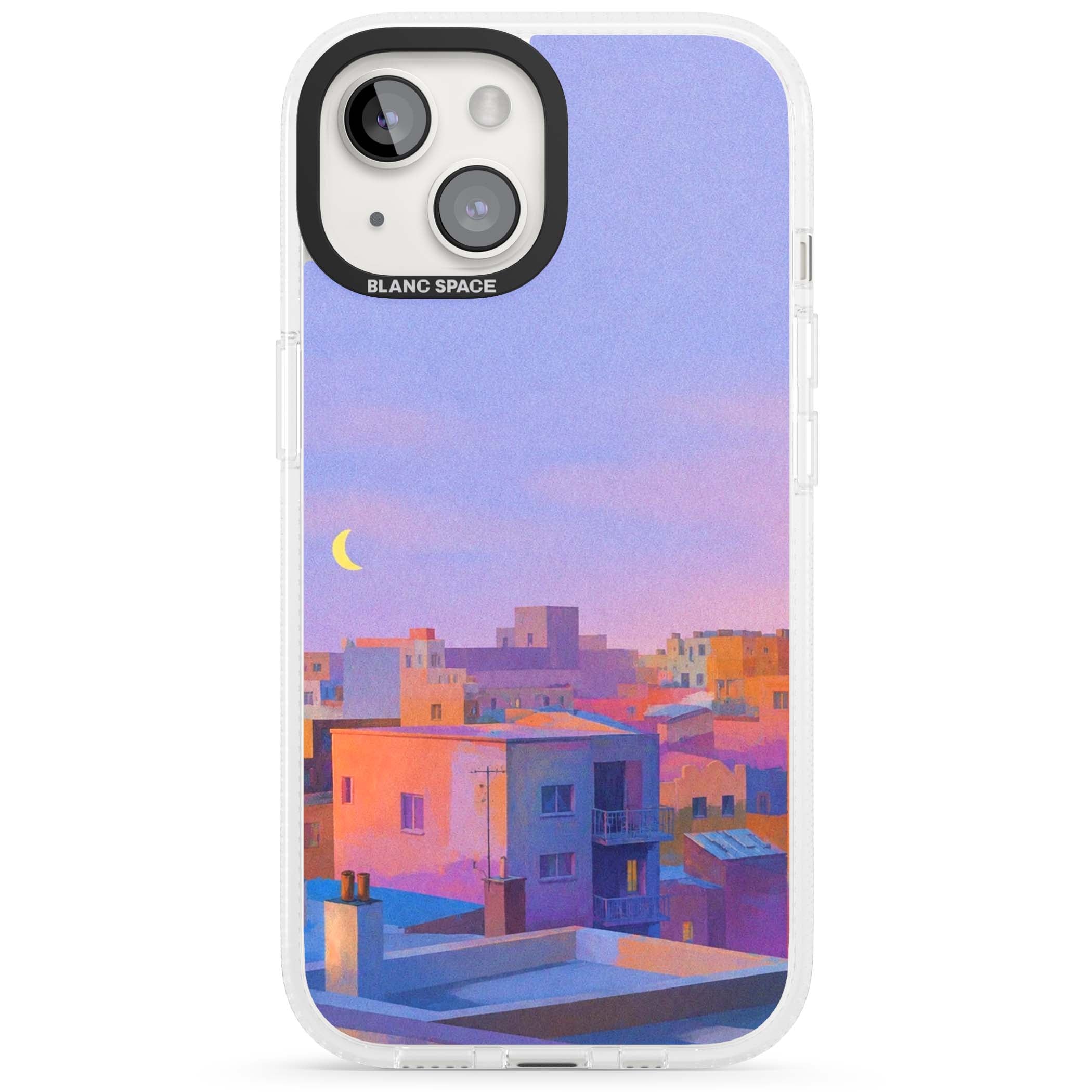 Twilight Rooftops vaporwave iPhone case featuring a pastel sunset cityscape, painted rooftops and a crescent moon. | Clear Case Impact Air case for iPhone 15, iPhone 15 Plus