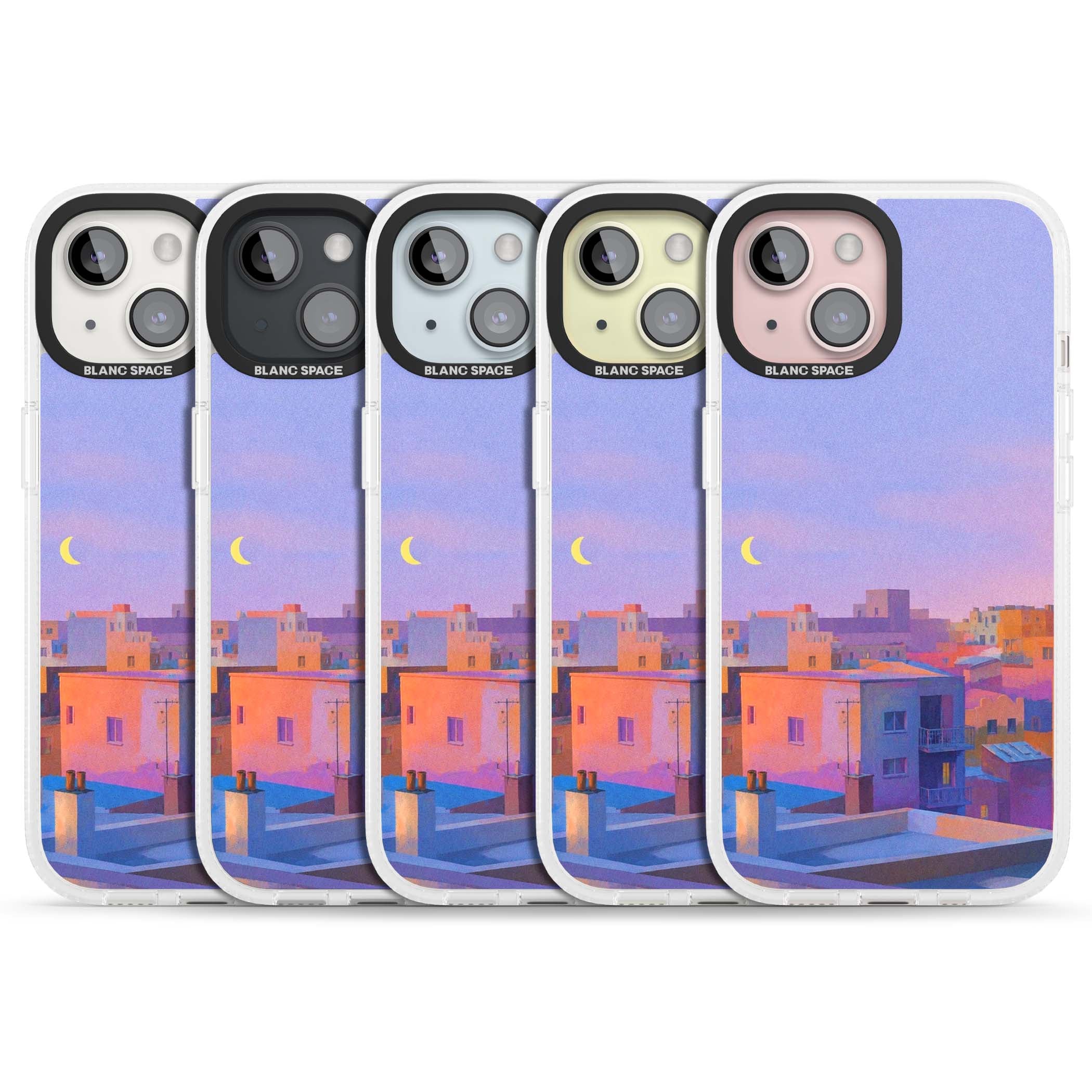 Twilight Rooftops vaporwave iPhone case featuring a pastel sunset cityscape, painted rooftops and a crescent moon. | Clear Case Impact Air case for iPhone 15, iPhone 15 Plus
