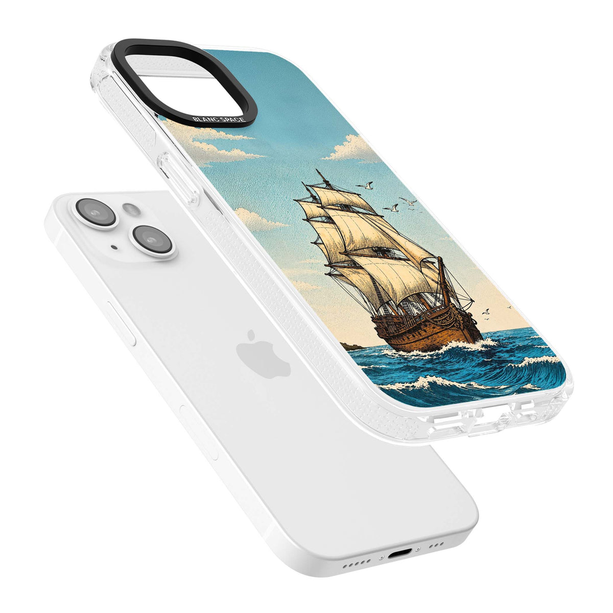 Ship at Sea nautical iPhone case featuring a vintage tall ship, ocean waves and seagulls | Clear Case Impact Air case for iPhone 15, iPhone 15 Plus