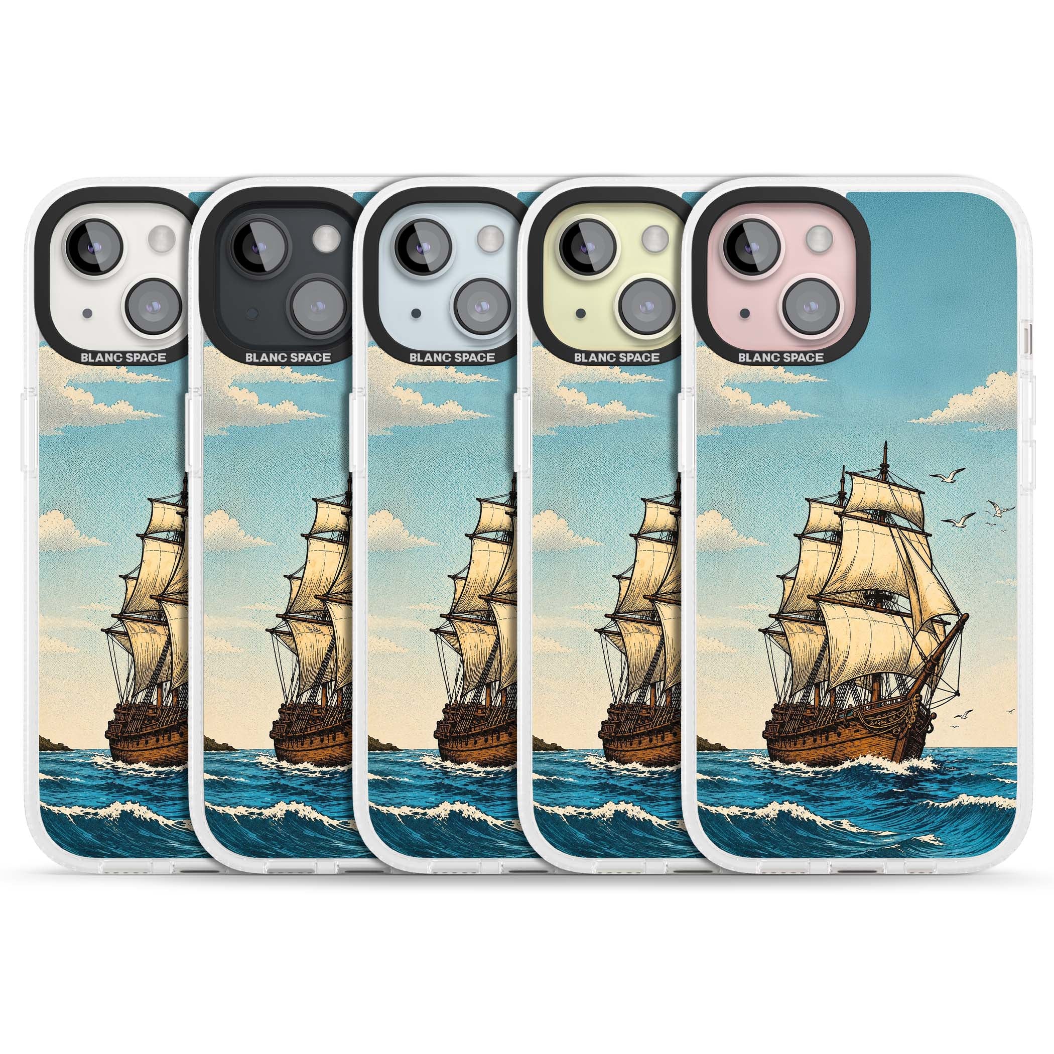 Ship at Sea nautical iPhone case featuring a vintage tall ship, ocean waves and seagulls | Clear Case Impact Air case for iPhone 15, iPhone 15 Plus
