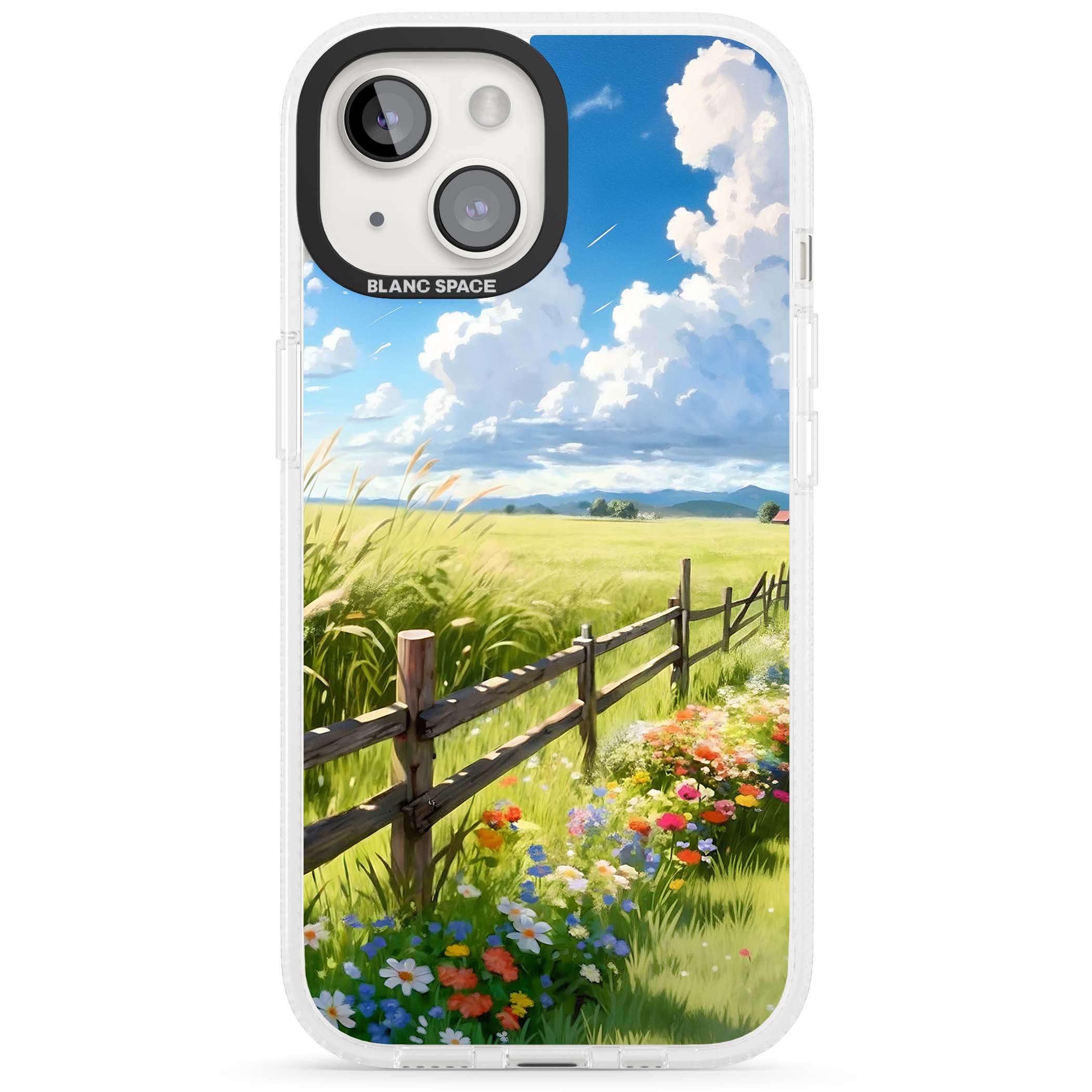 A Countryside Afternoon cottagecore iPhone case featuring a painted countryside meadow, wooden fence, and wildflowers beneath | Clear Case Impact Air case for iPhone 15, iPhone 15 Plus