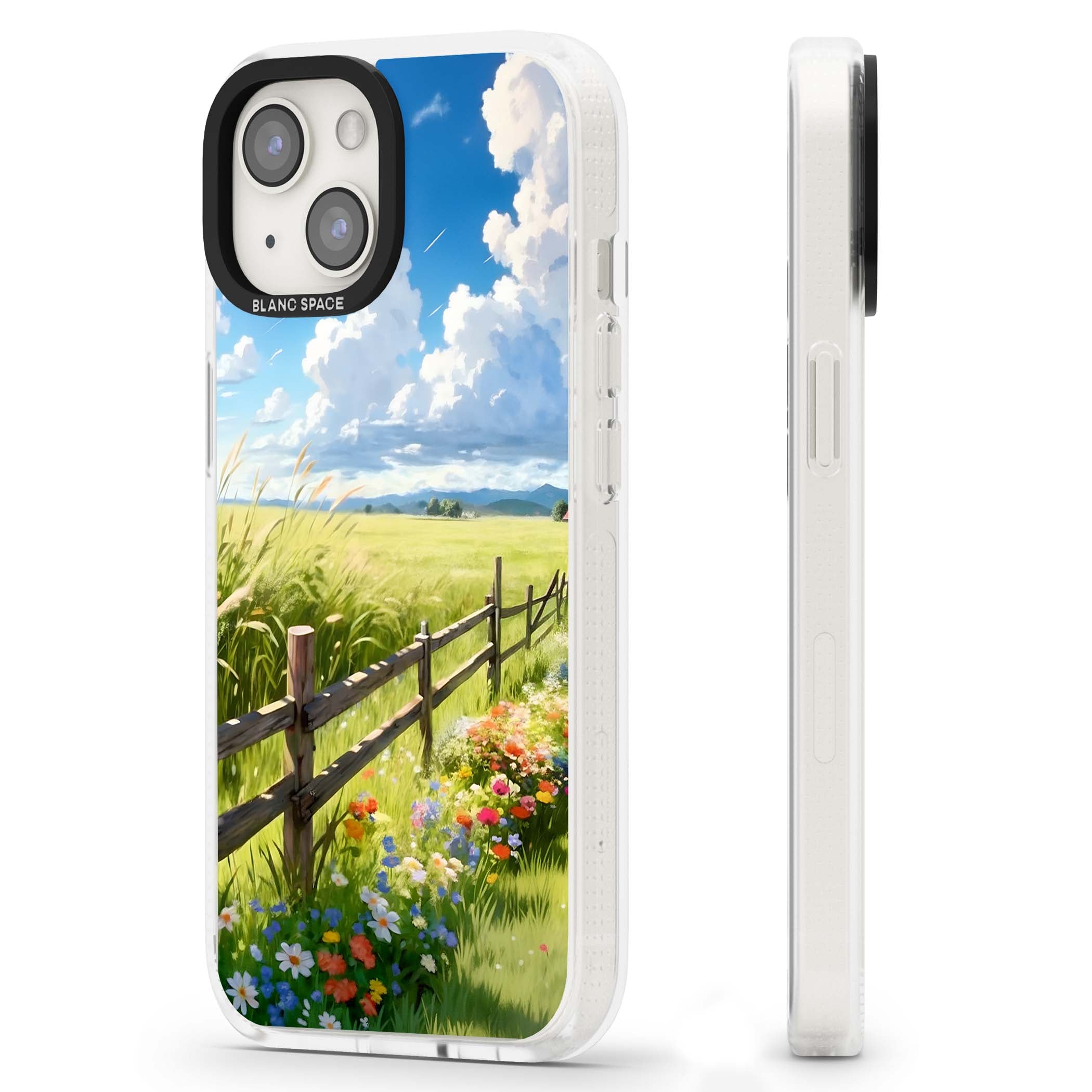 A Countryside Afternoon cottagecore iPhone case featuring a painted countryside meadow, wooden fence, and wildflowers beneath | Clear Case Impact Air case for iPhone 15, iPhone 15 Plus