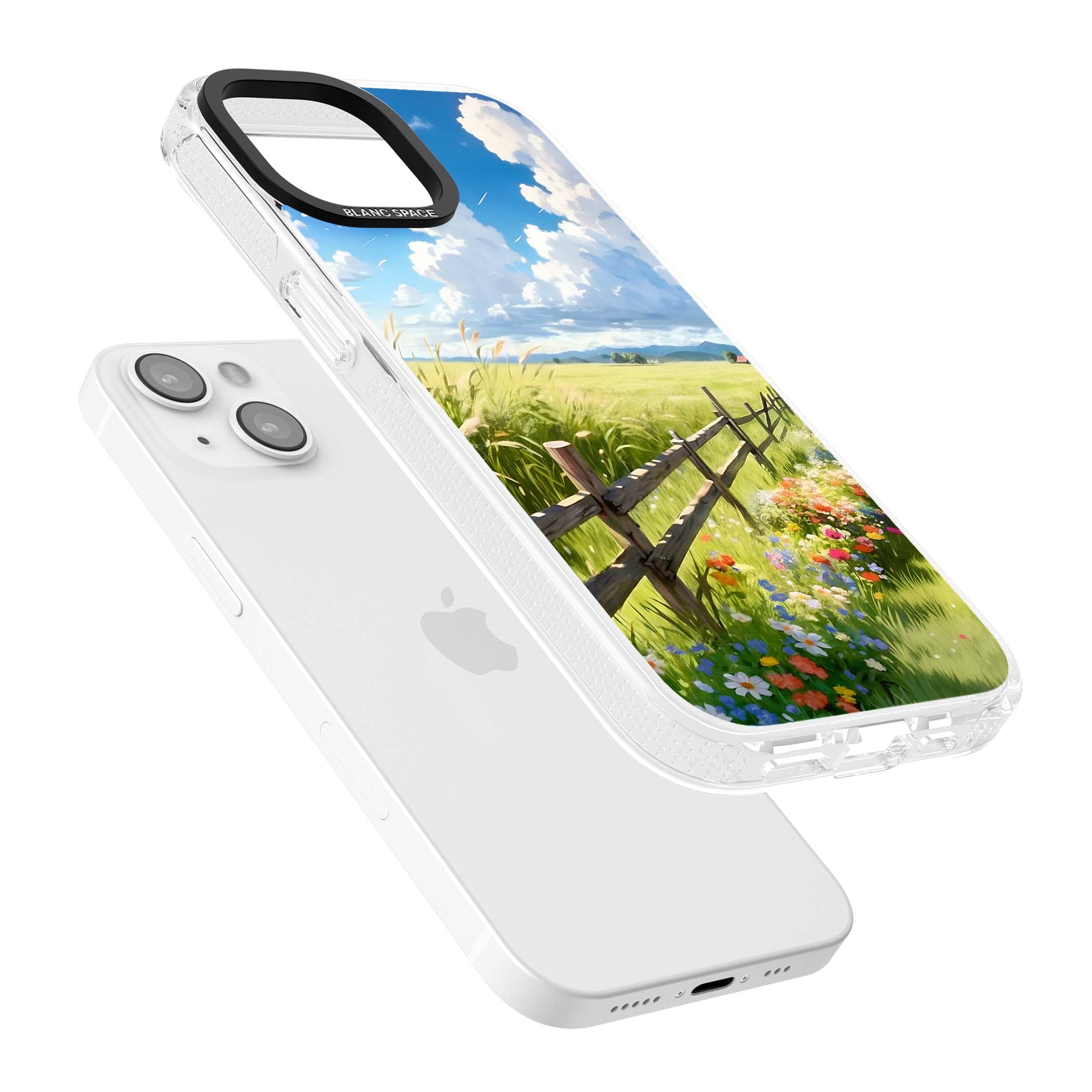 A Countryside Afternoon cottagecore iPhone case featuring a painted countryside meadow, wooden fence, and wildflowers beneath | Clear Case Impact Air case for iPhone 15, iPhone 15 Plus