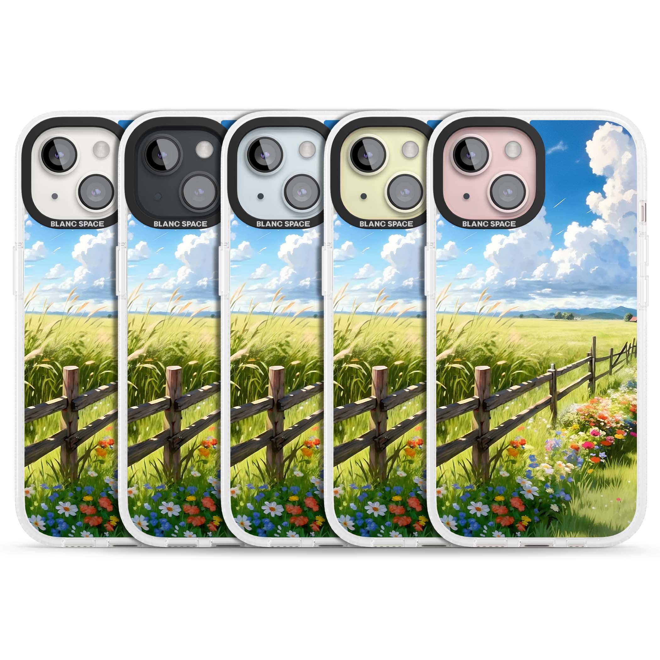 A Countryside Afternoon cottagecore iPhone case featuring a painted countryside meadow, wooden fence, and wildflowers beneath | Clear Case Impact Air case for iPhone 15, iPhone 15 Plus