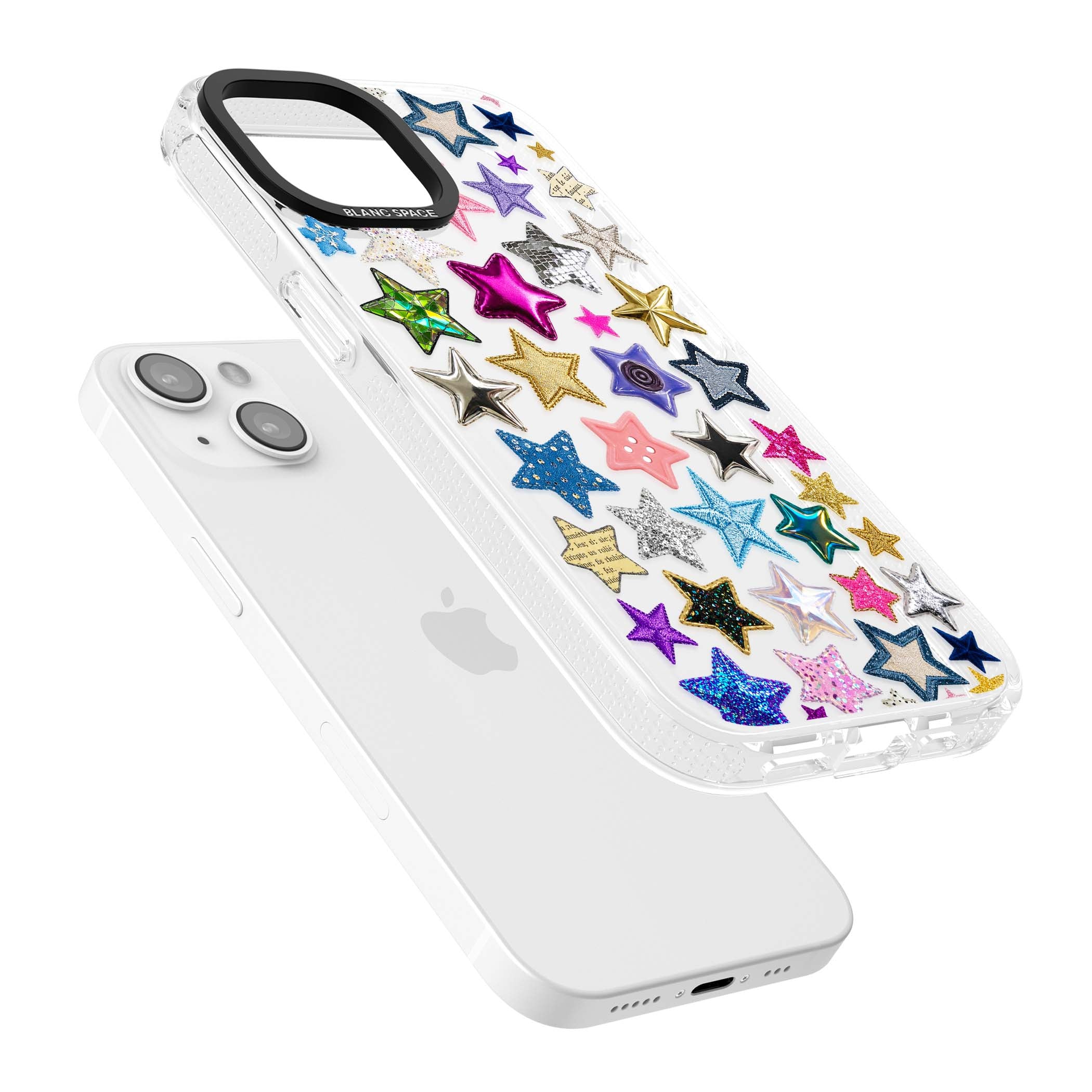 Crafty Star Mix Y2K iPhone case featuring embroidered, sequinned and glitter star patches in rainbow colours | Clear Case Impact Air case for iPhone 15, iPhone 15 Plus