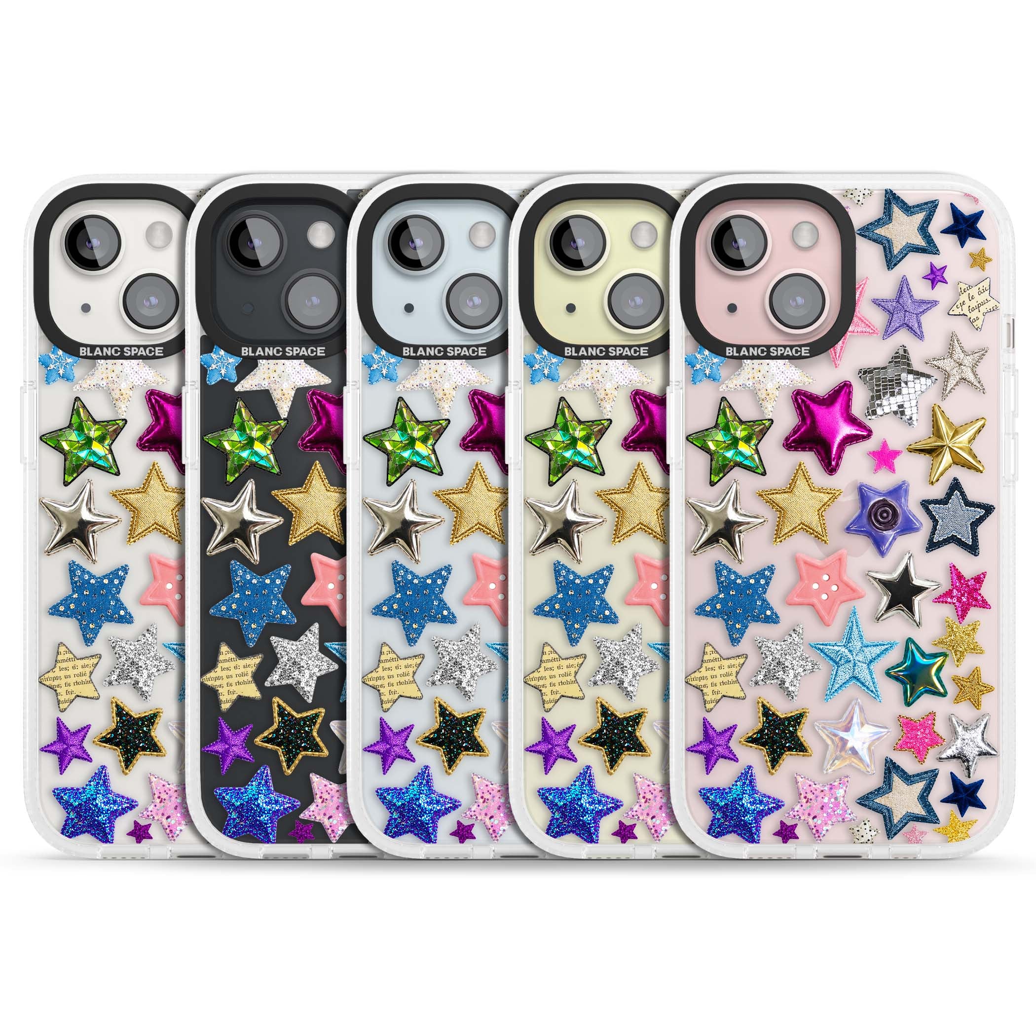 Crafty Star Mix Y2K iPhone case featuring embroidered, sequinned and glitter star patches in rainbow colours | Clear Case Impact Air case for iPhone 15, iPhone 15 Plus