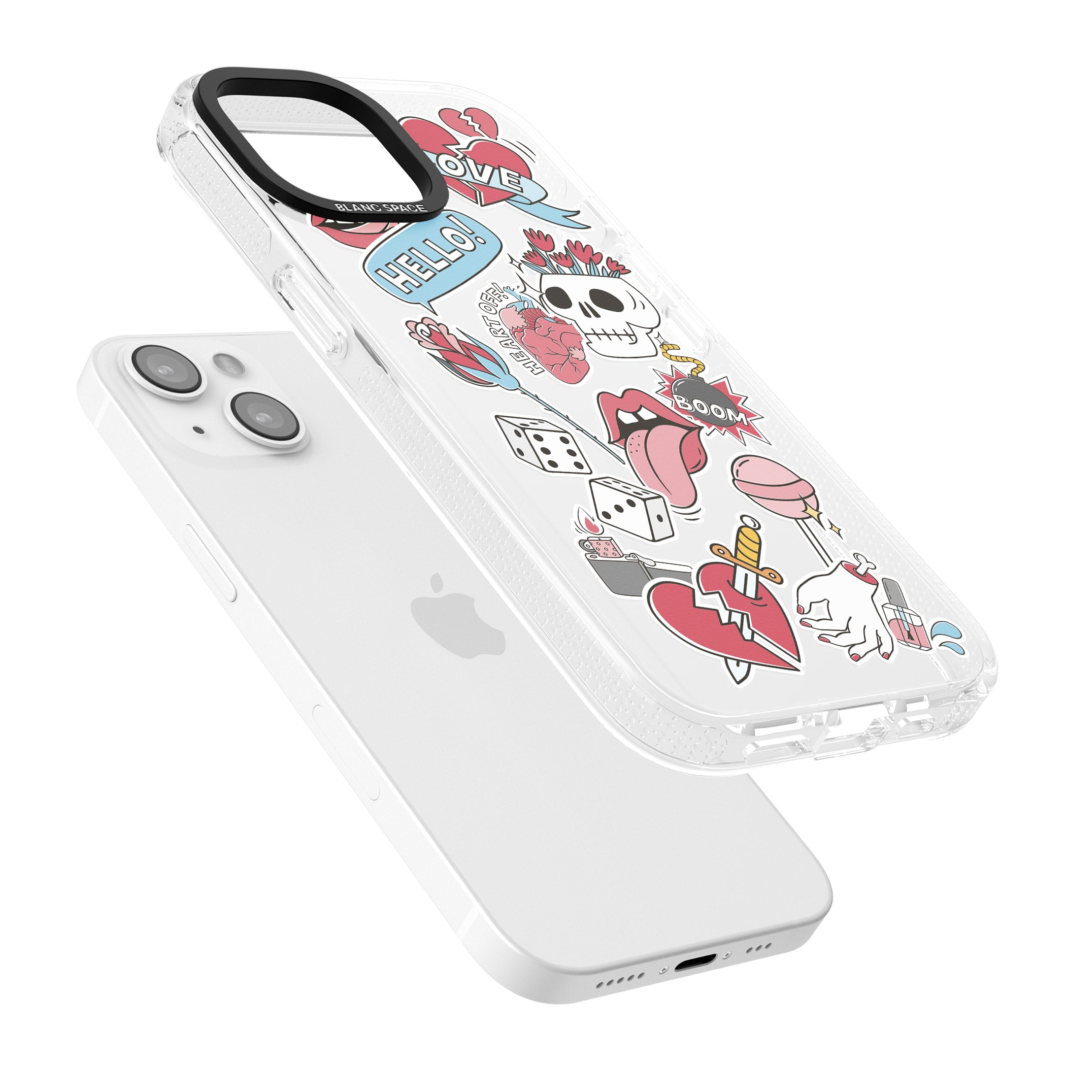 Skull & Flowers Sticker iPhone 15 / 14 / 13 Clear Case Impact Air - Blanc Space