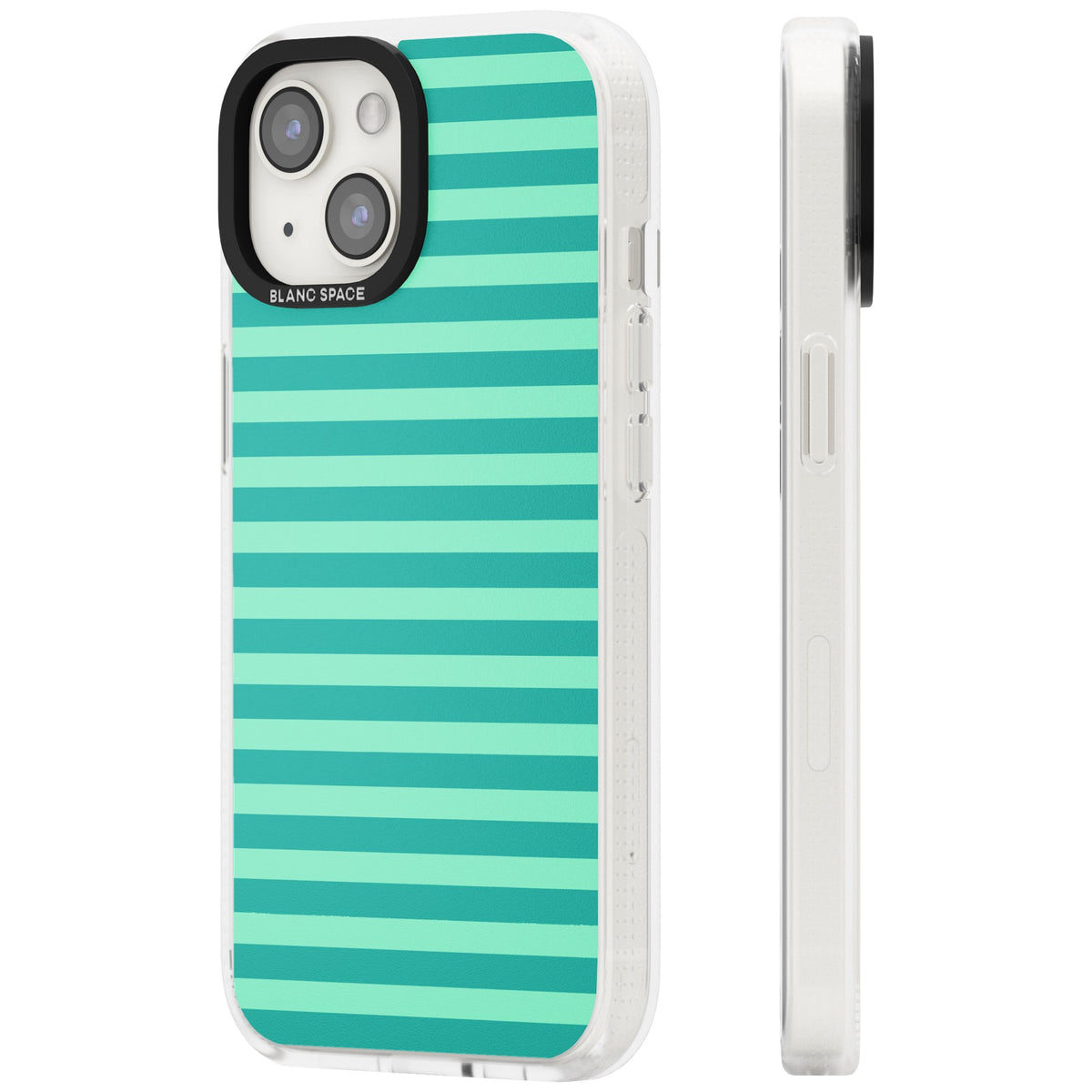 Turquoise Stripe preppy iPhone case featuring horizontal teal and mint green stripes on a black protective frame iPhone 12 / 12 Pro / iPhone 12 / iPhone 12 Pro / iPhone 13 / iPhone 14 / iPhone 14 Plus / iPhone 15 / iPhone 15 Plus Impact Air Phone Case side