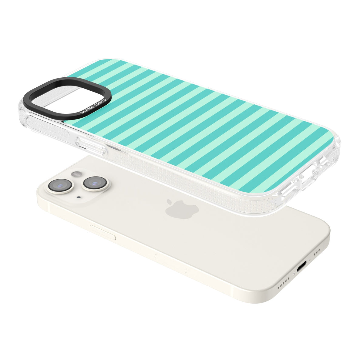 Turquoise Stripe preppy iPhone case featuring horizontal teal and mint green stripes on a black protective frame iPhone 12 / 12 Pro / iPhone 12 / iPhone 12 Pro / iPhone 13 / iPhone 14 / iPhone 14 Plus / iPhone 15 / iPhone 15 Plus Impact Air Phone Case angled
