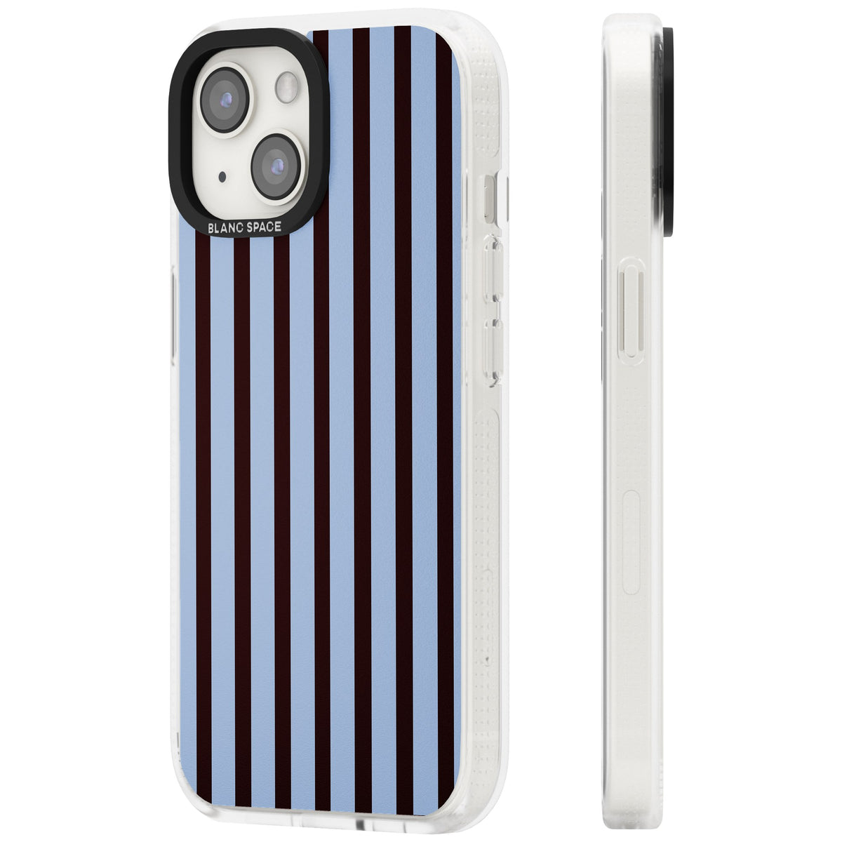 Blackcurrant Stripe preppy iPhone case featuring vertical burgundy and light blue stripes in a classic pinstripe layout iPhone 12 / 12 Pro / iPhone 12 / iPhone 12 Pro / iPhone 13 / iPhone 14 / iPhone 14 Plus / iPhone 15 / iPhone 15 Plus Impact Air Phone Case side
