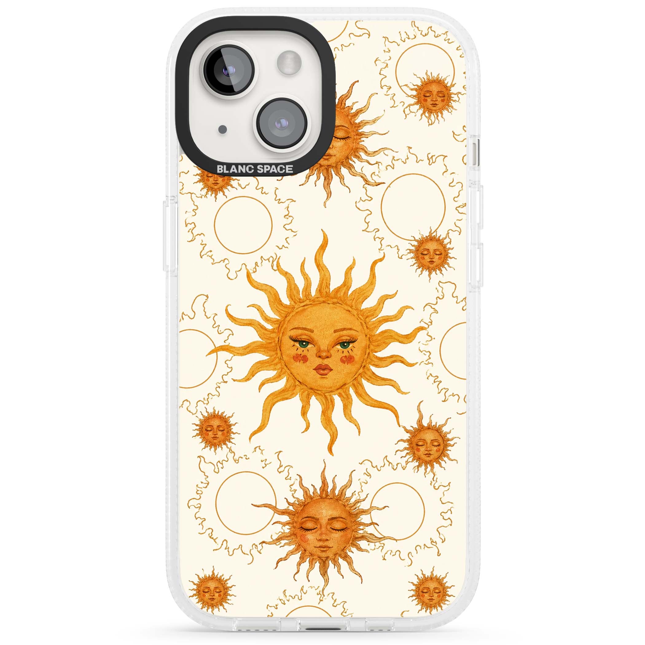 Solstice Muse celestial iPhone case featuring hand-painted golden sun faces, closed-eye sun goddesses and outlined moons... | Clear Case Impact Air case for iPhone 15, iPhone 15 Plus