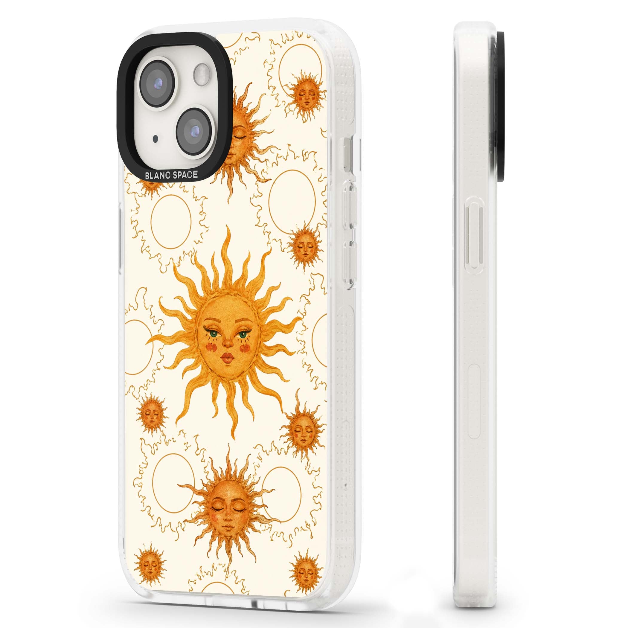 Solstice Muse celestial iPhone case featuring hand-painted golden sun faces, closed-eye sun goddesses and outlined moons... | Clear Case Impact Air case for iPhone 15, iPhone 15 Plus
