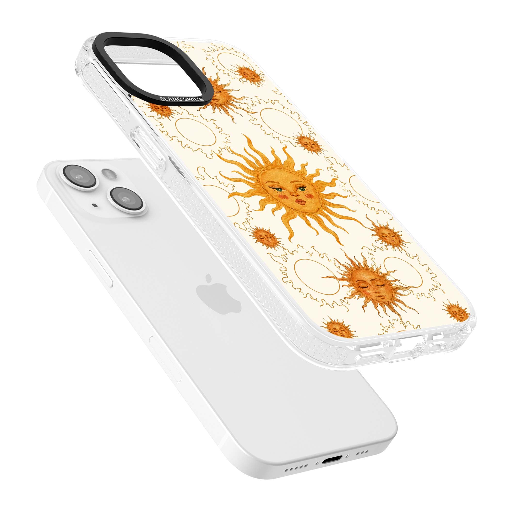 Solstice Muse celestial iPhone case featuring hand-painted golden sun faces, closed-eye sun goddesses and outlined moons... | Clear Case Impact Air case for iPhone 15, iPhone 15 Plus