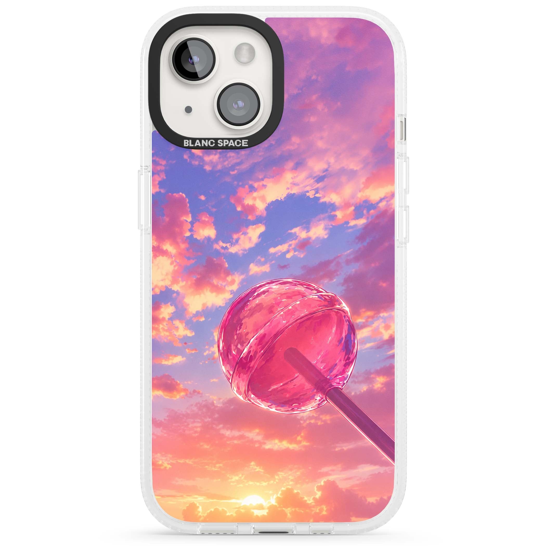 Sugar Sunset candy aesthetic iPhone case featuring a pink lollipop, pastel sunset sky and dreamy clouds | Clear Case Impact Air case for iPhone 15, iPhone 15 Plus