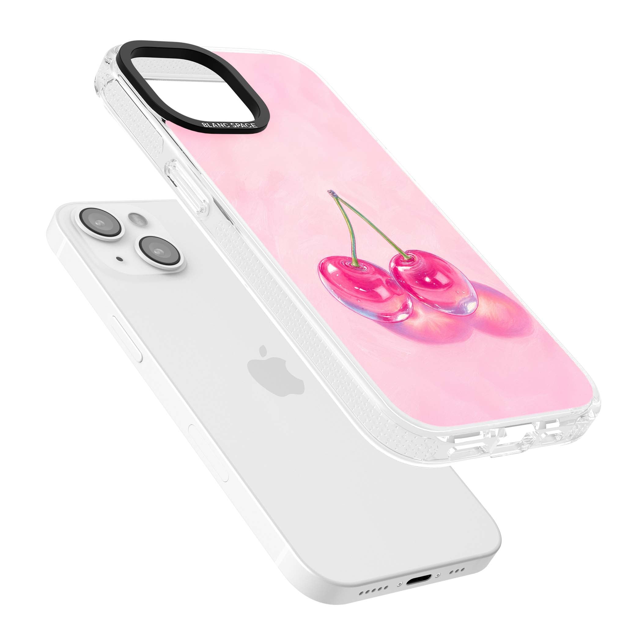 Pink Glass Cherry coquette iPhone case featuring two glossy painted cherries on a soft pink background | Clear Case Impact Air case for iPhone 15, iPhone 15 Plus