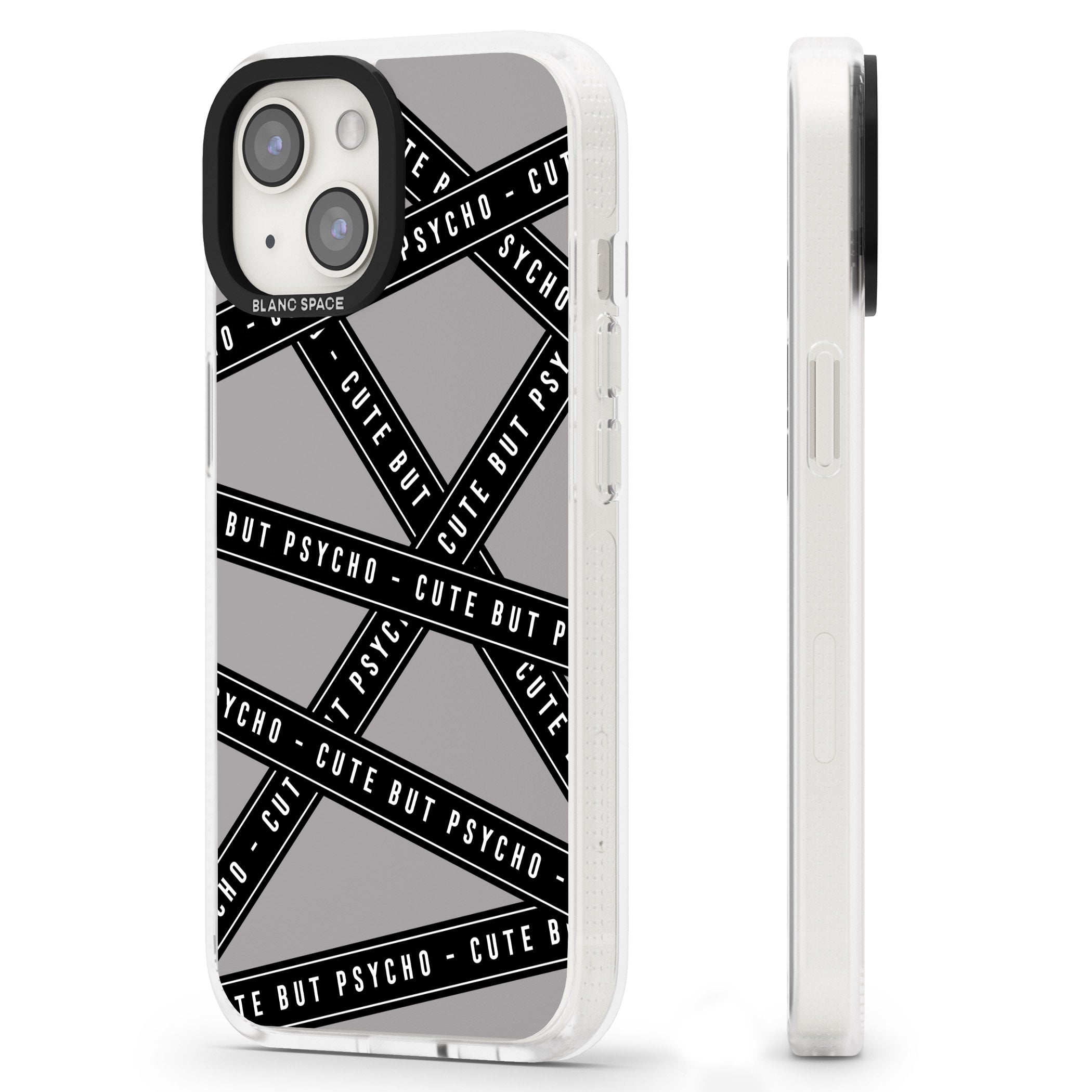 Caution Tape Phrases Cute But Psycho iPhone 15 / 14 / 13 Clear Case Impact Air - Blanc Space