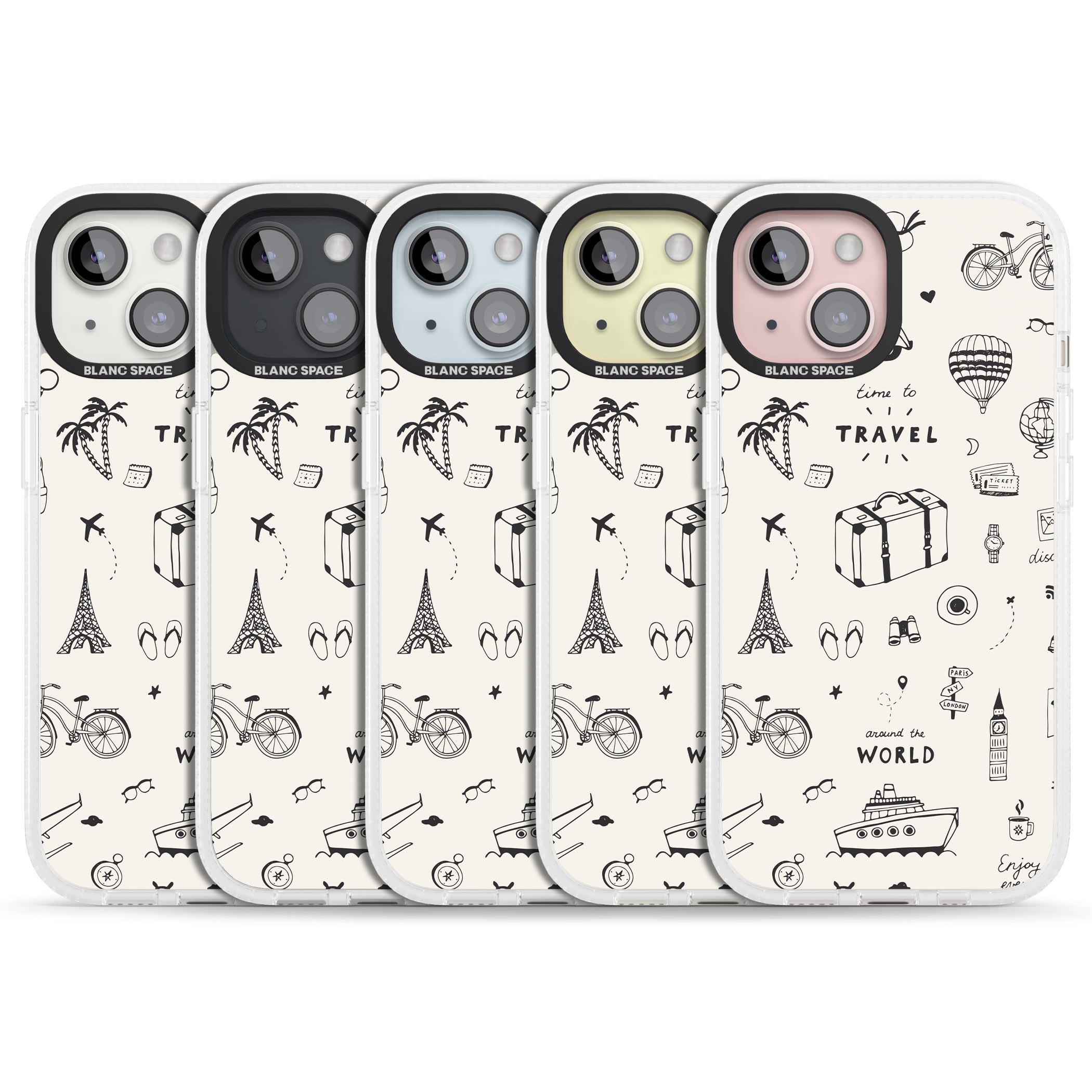 Cute Travel Pattern, White on iPhone 15 / 14 / 13 Clear Case Impact Air - Blanc Space