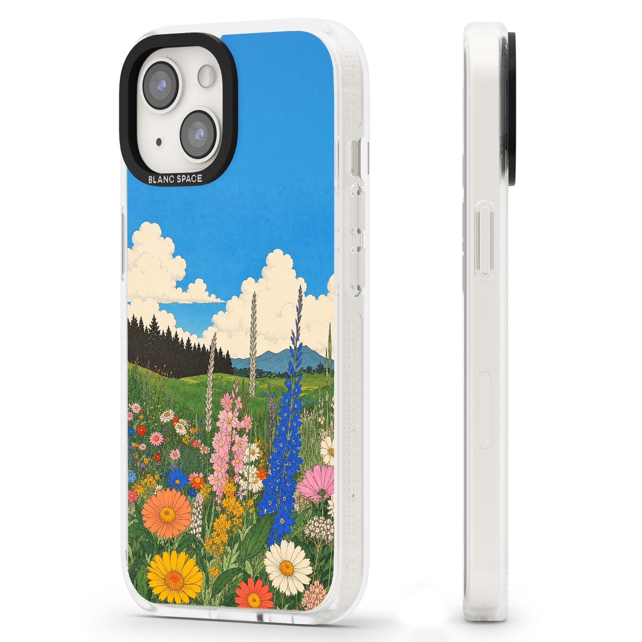 Wildbloom wildflower iPhone case featuring a vintage Japanese-style meadow landscape with daisies, delphiniums and moun | Clear Case Impact Air case for iPhone 15, iPhone 15 Plus