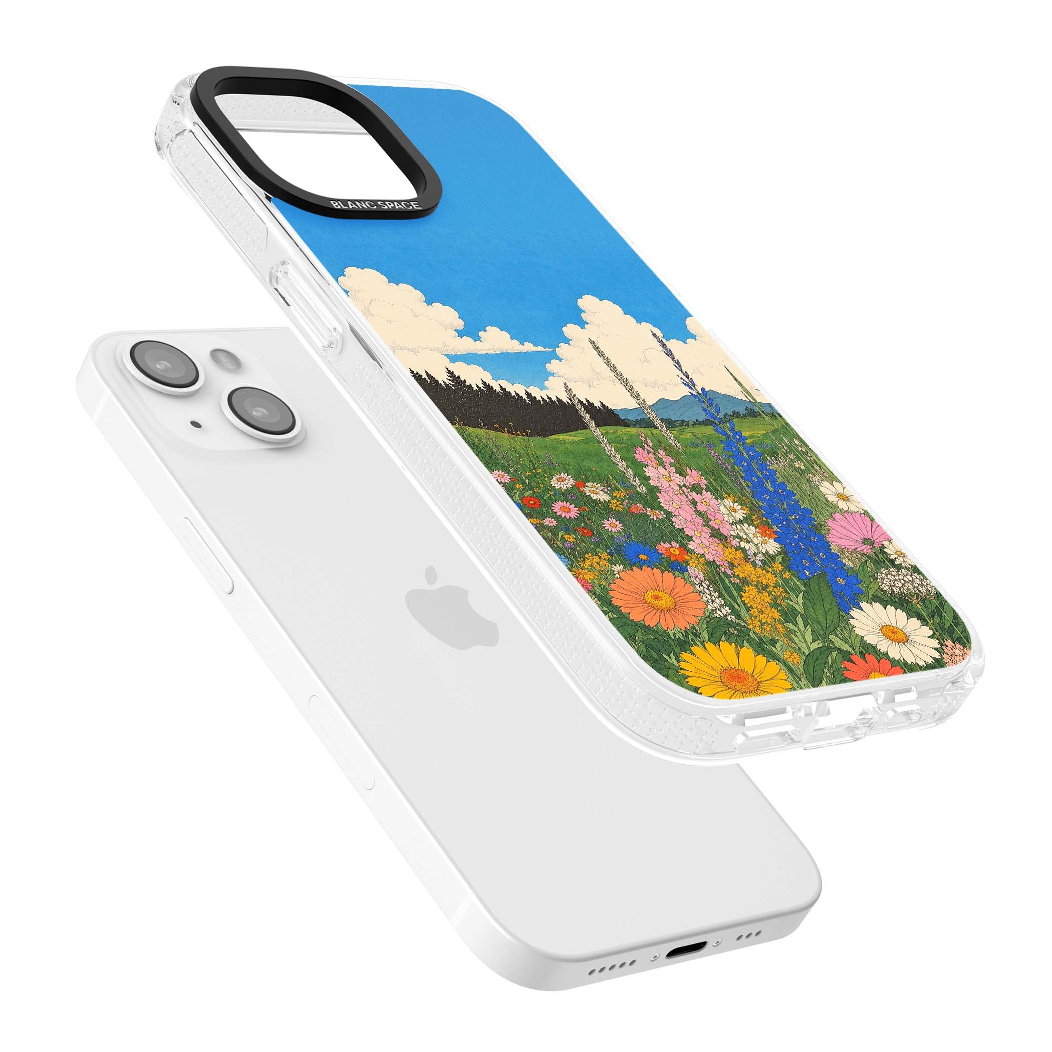Wildbloom wildflower iPhone case featuring a vintage Japanese-style meadow landscape with daisies, delphiniums and moun | Clear Case Impact Air case for iPhone 15, iPhone 15 Plus