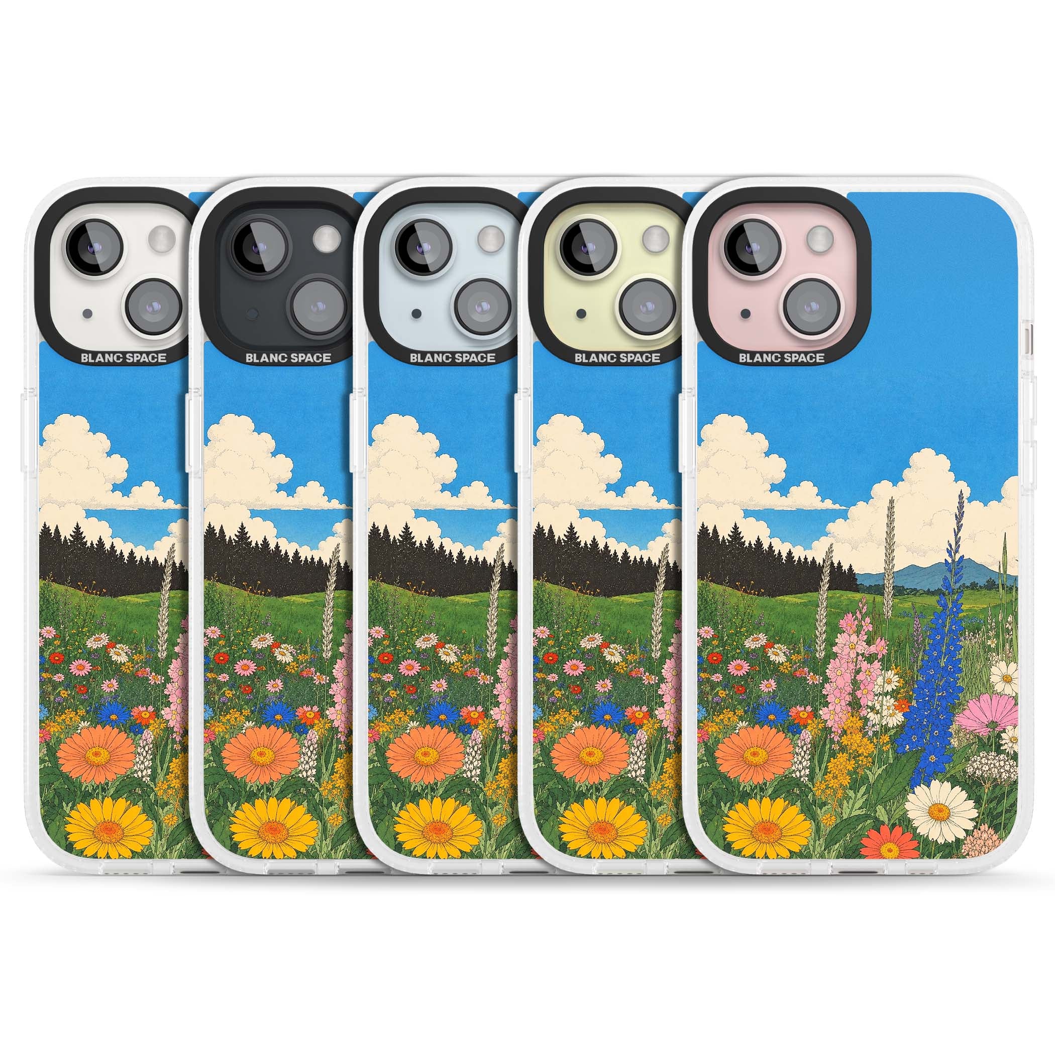 Wildbloom wildflower iPhone case featuring a vintage Japanese-style meadow landscape with daisies, delphiniums and moun | Clear Case Impact Air case for iPhone 15, iPhone 15 Plus