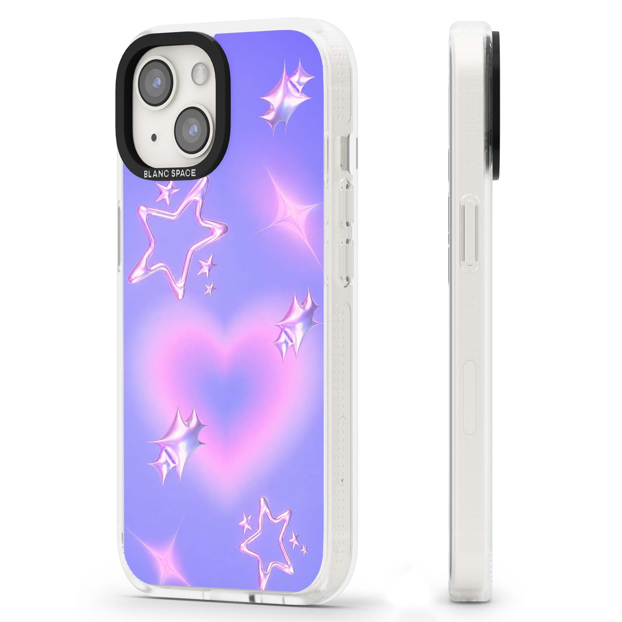 Soft Sugar Y2K iPhone case featuring iridescent chrome hearts, metallic pink stars and a lavender gradient sky | Clear Case Impact Air case for iPhone 15, iPhone 15 Plus