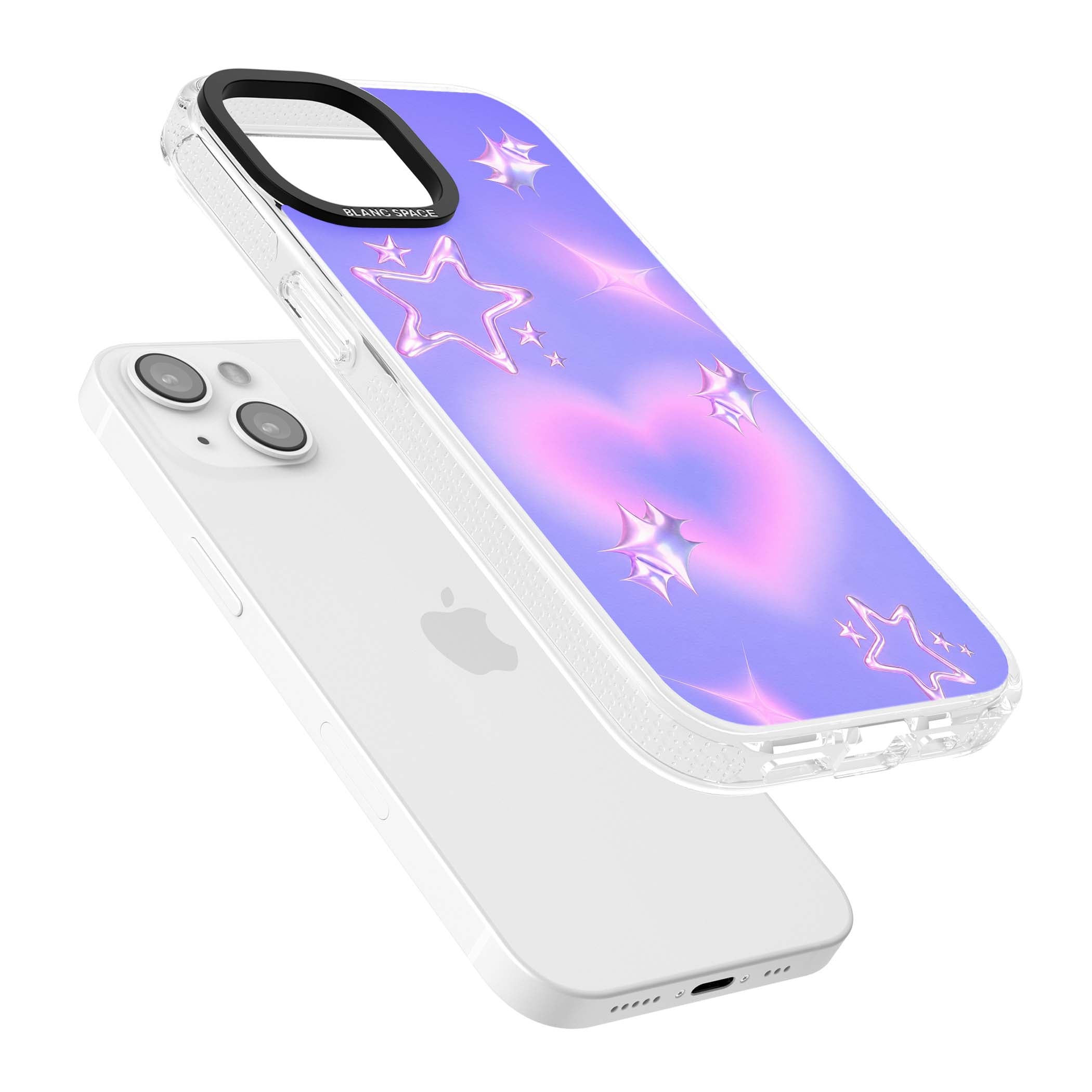 Soft Sugar Y2K iPhone case featuring iridescent chrome hearts, metallic pink stars and a lavender gradient sky | Clear Case Impact Air case for iPhone 15, iPhone 15 Plus
