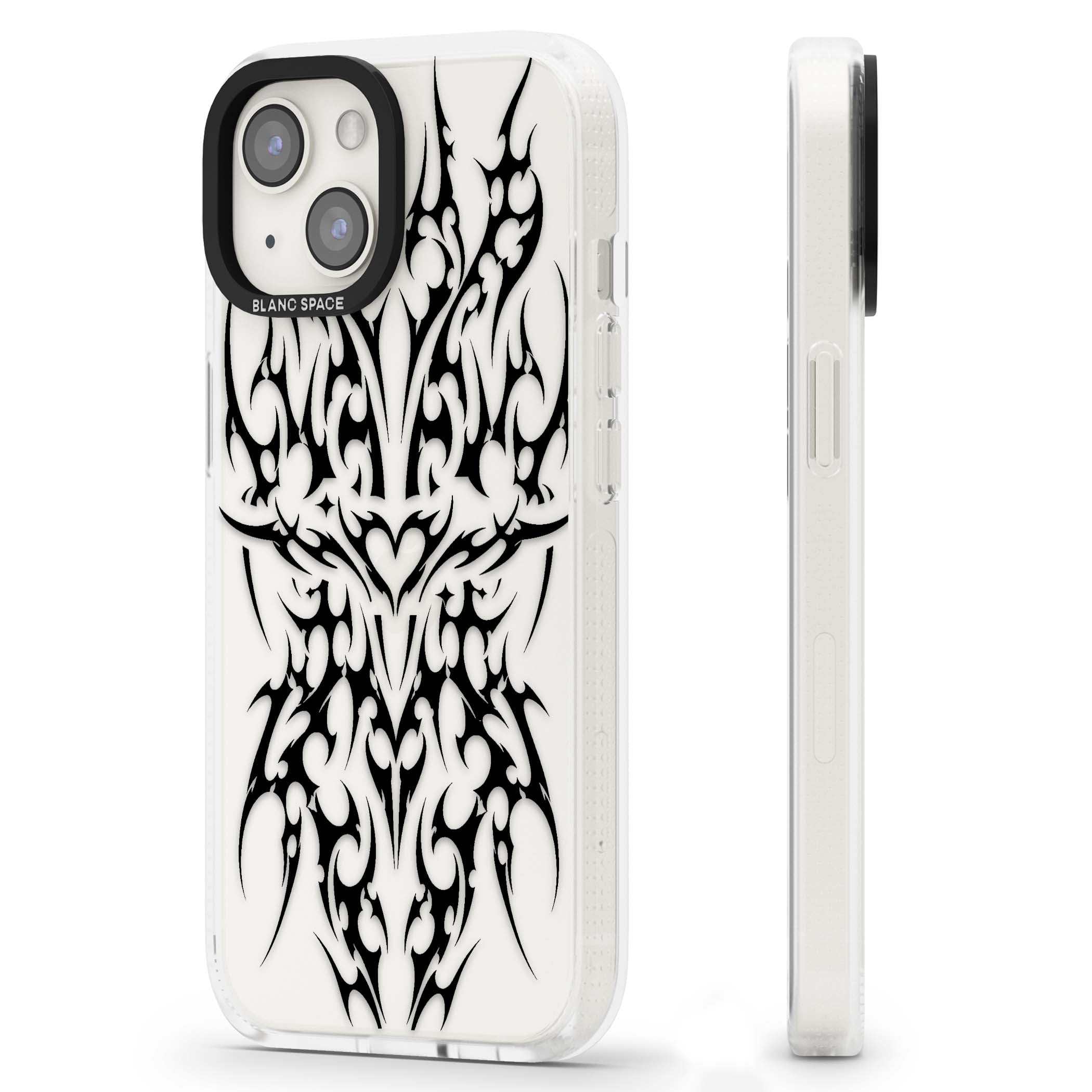 Neo Tribal Heart gothic iPhone case featuring symmetrical black tribal tattoo art with sharp thorn-like linework | Clear Case Impact Air case for iPhone 15, iPhone 15 Plus