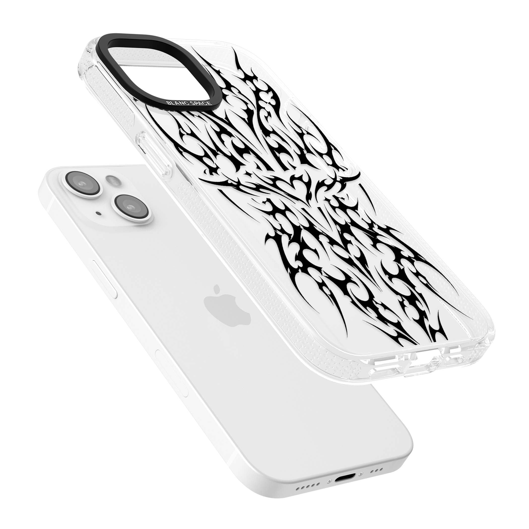 Neo Tribal Heart gothic iPhone case featuring symmetrical black tribal tattoo art with sharp thorn-like linework | Clear Case Impact Air case for iPhone 15, iPhone 15 Plus