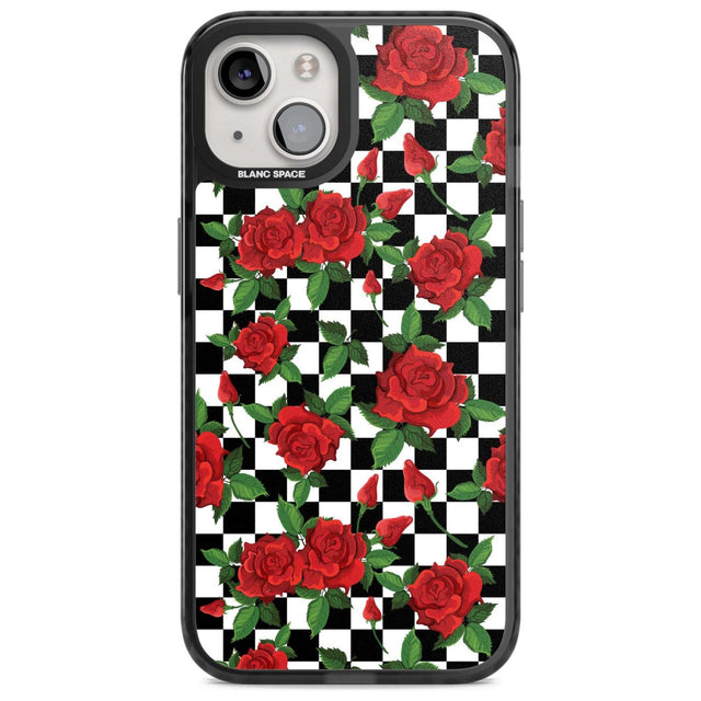 Checkered Pattern & Red Roses Phone Case iPhone 15 Plus / Magsafe Black Impact Case,iPhone 15 / Magsafe Black Impact Case,iPhone 14 Plus / Magsafe Black Impact Case,iPhone 14 / Magsafe Black Impact Case,iPhone 13 / Magsafe Black Impact Case Blanc Space