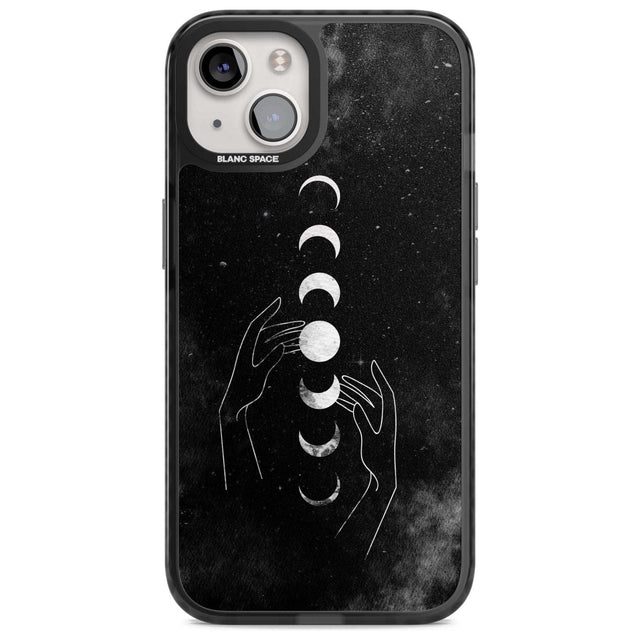 Moon Phases and Hands Phone Case iPhone 15 Plus / Magsafe Black Impact Case,iPhone 15 / Magsafe Black Impact Case,iPhone 14 Plus / Magsafe Black Impact Case,iPhone 14 / Magsafe Black Impact Case,iPhone 13 / Magsafe Black Impact Case Blanc Space