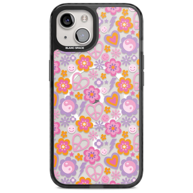 Peace, Love and Flowers Pattern Phone Case iPhone 15 Plus / Magsafe Black Impact Case,iPhone 15 / Magsafe Black Impact Case,iPhone 14 Plus / Magsafe Black Impact Case,iPhone 14 / Magsafe Black Impact Case,iPhone 13 / Magsafe Black Impact Case Blanc Space