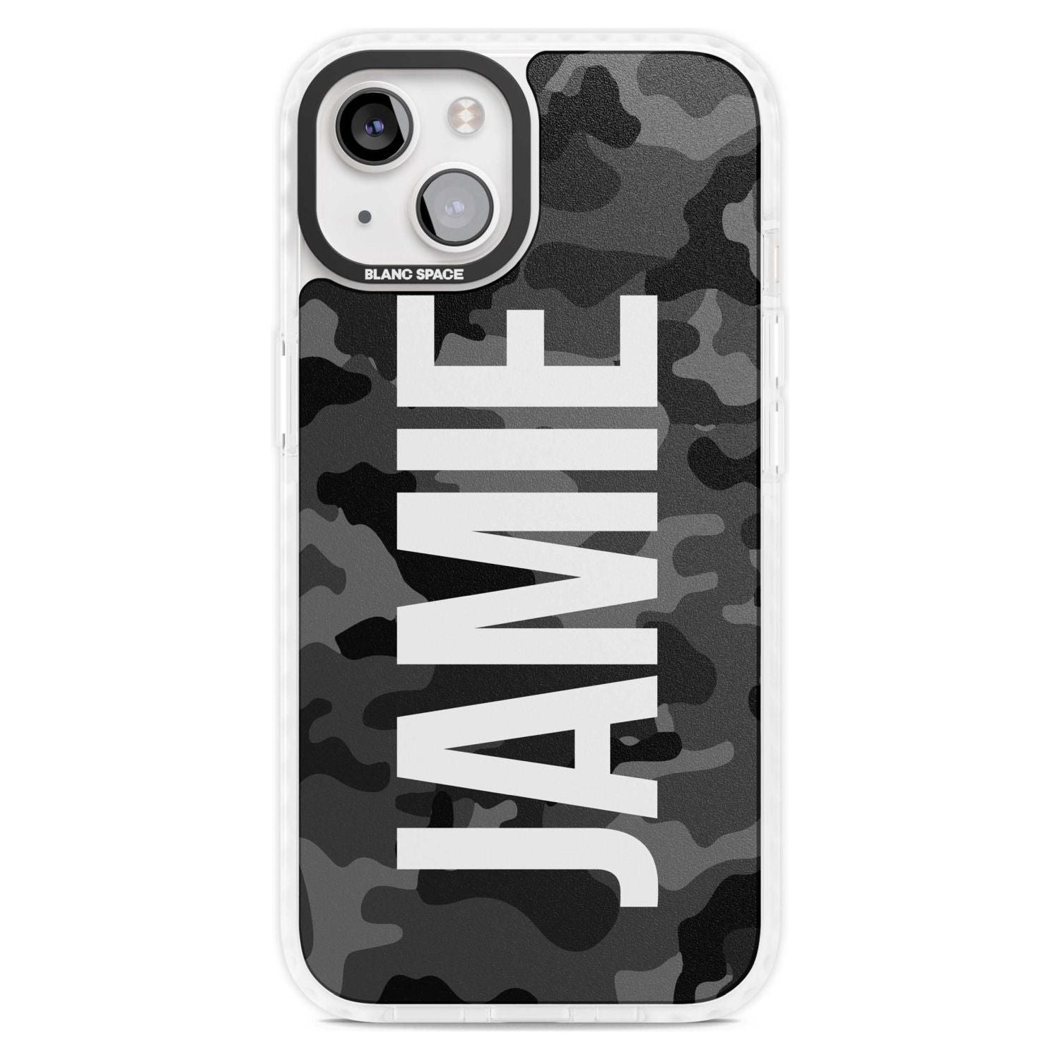 Personalised Vertical Name Black Camouflage Custom Phone Case iPhone 15 Plus / Magsafe Impact Case,iPhone 15 / Magsafe Impact Case Blanc Space