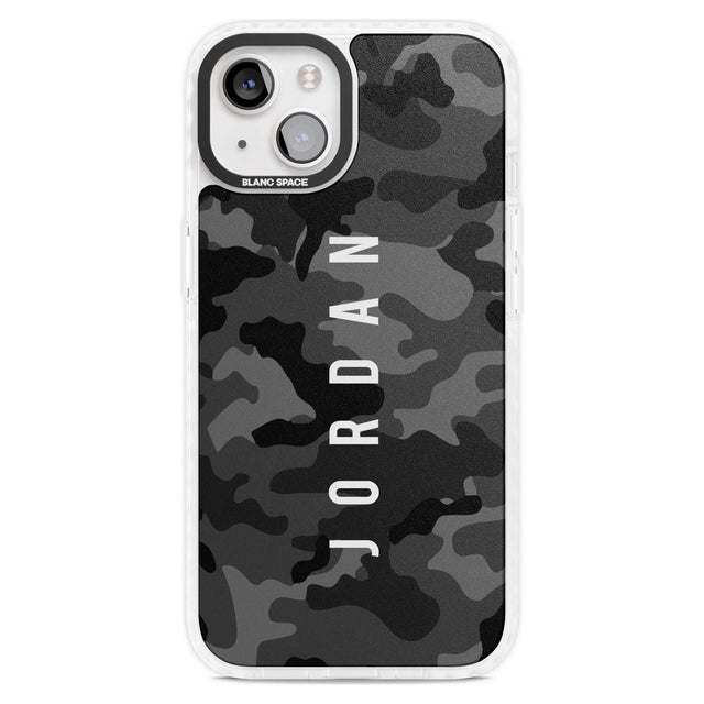 Personalised Small Vertical Name Black Camouflage Custom Phone Case iPhone 15 Plus / Magsafe Impact Case,iPhone 15 / Magsafe Impact Case Blanc Space