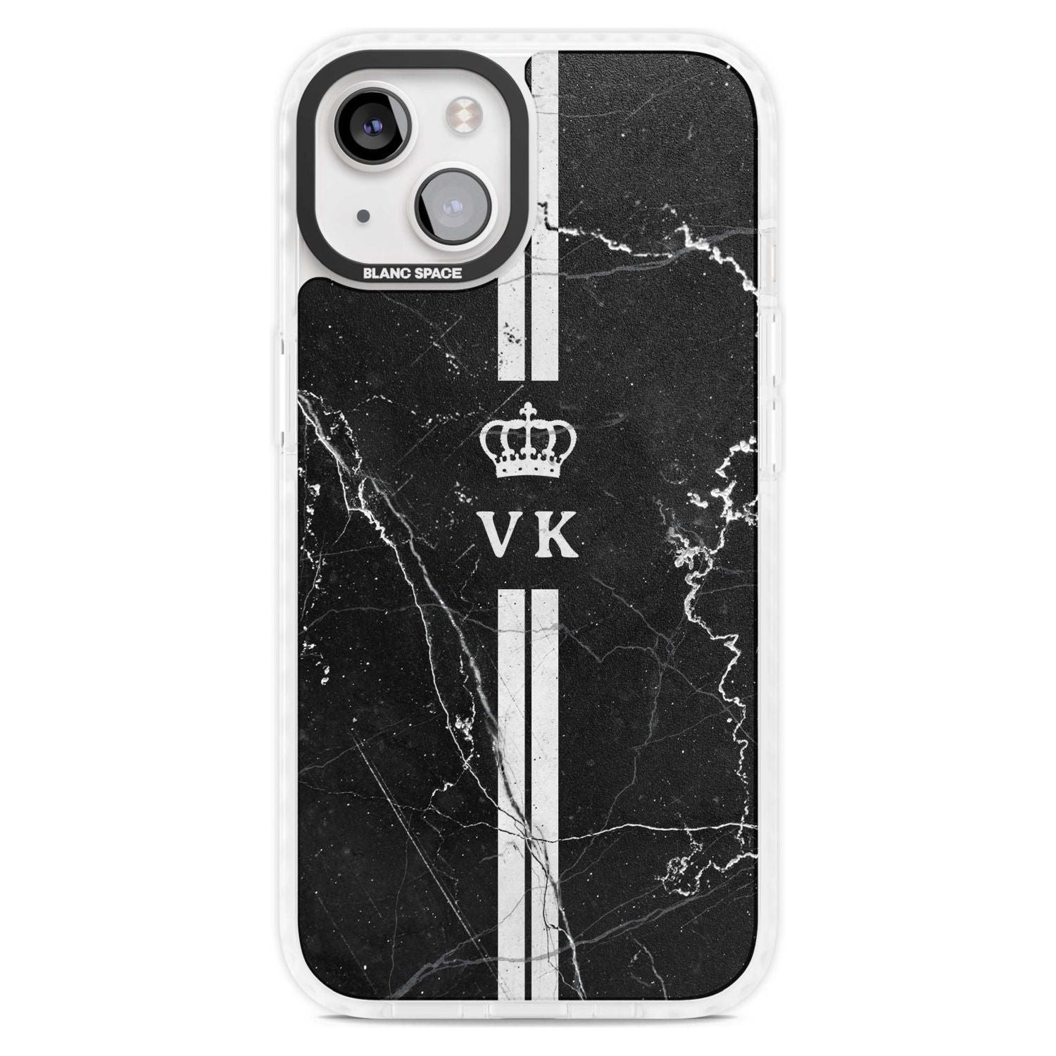 Personalised Stripes + Initials with Crown on Black Marble Custom Phone Case iPhone 15 Plus / Magsafe Impact Case,iPhone 15 / Magsafe Impact Case Blanc Space
