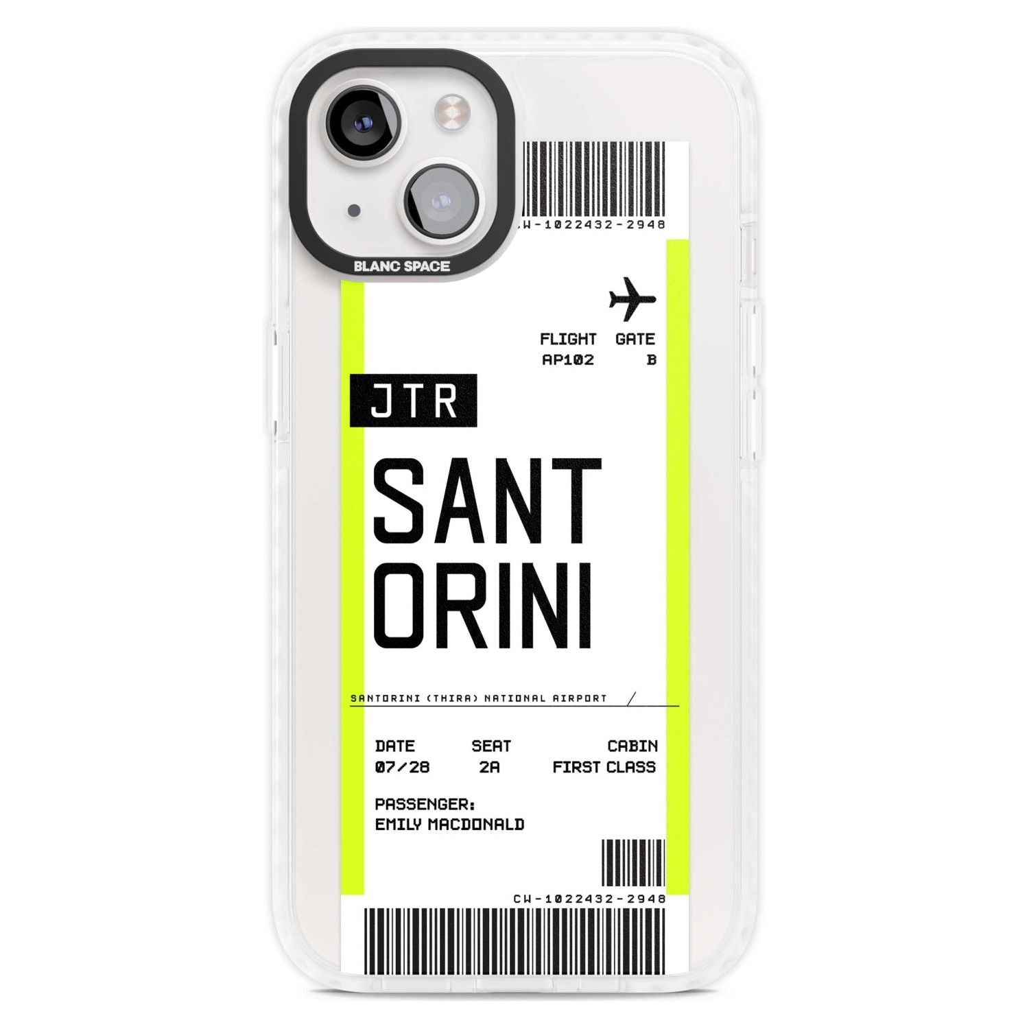 Personalised Santorini Boarding Pass Custom Phone Case iPhone 15 Plus / Magsafe Impact Case,iPhone 15 / Magsafe Impact Case Blanc Space