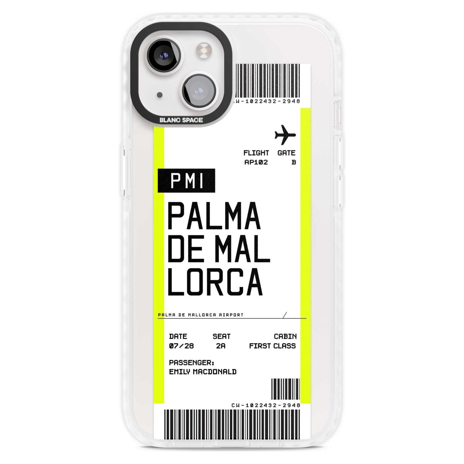 Personalised Palma De Mallorca Boarding Pass Custom Phone Case iPhone 15 Plus / Magsafe Impact Case,iPhone 15 / Magsafe Impact Case Blanc Space
