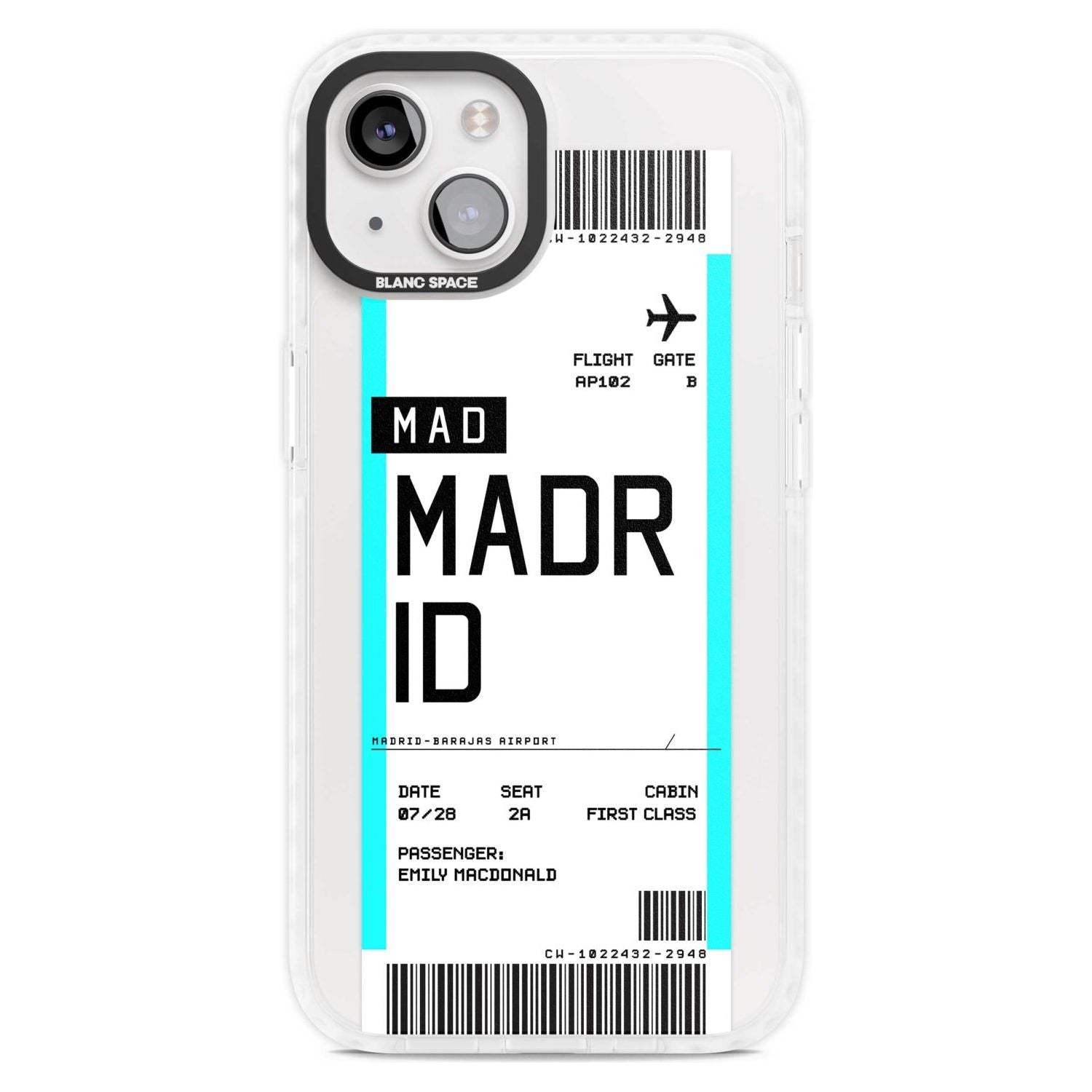 Personalised Madrid Boarding Pass Custom Phone Case iPhone 15 Plus / Magsafe Impact Case,iPhone 15 / Magsafe Impact Case Blanc Space