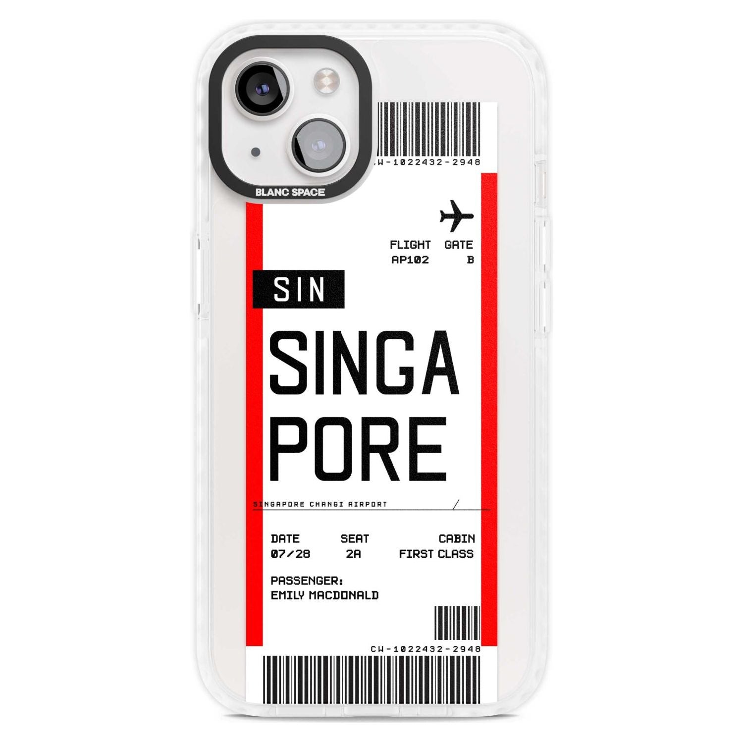 Personalised Singapore Boarding Pass Custom Phone Case iPhone 15 Plus / Magsafe Impact Case,iPhone 15 / Magsafe Impact Case Blanc Space