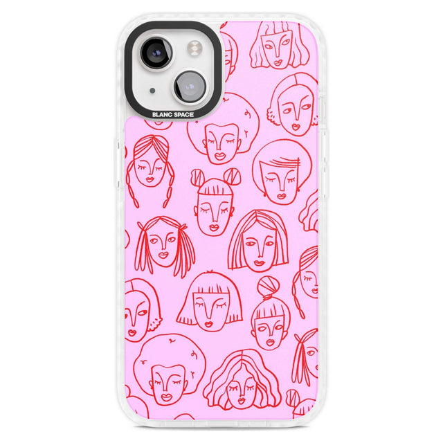 Girl Portrait Doodles in Pink & Red Phone Case iPhone 15 Plus / Magsafe Impact Case,iPhone 15 / Magsafe Impact Case Blanc Space