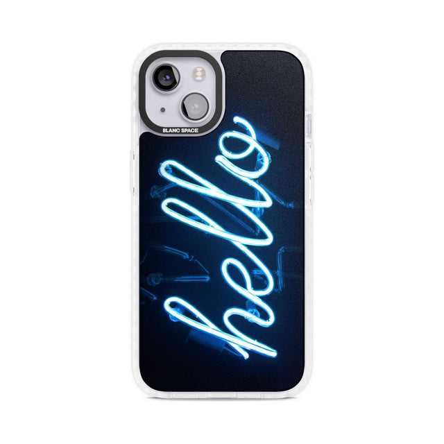 "Hello" Blue Cursive Neon Sign Phone Case iPhone 15 Plus / Magsafe Impact Case,iPhone 15 / Magsafe Impact Case Blanc Space