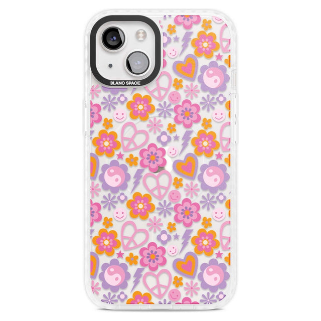 Peace, Love and Flowers Pattern Phone Case iPhone 15 Plus / Magsafe Impact Case,iPhone 15 / Magsafe Impact Case Blanc Space