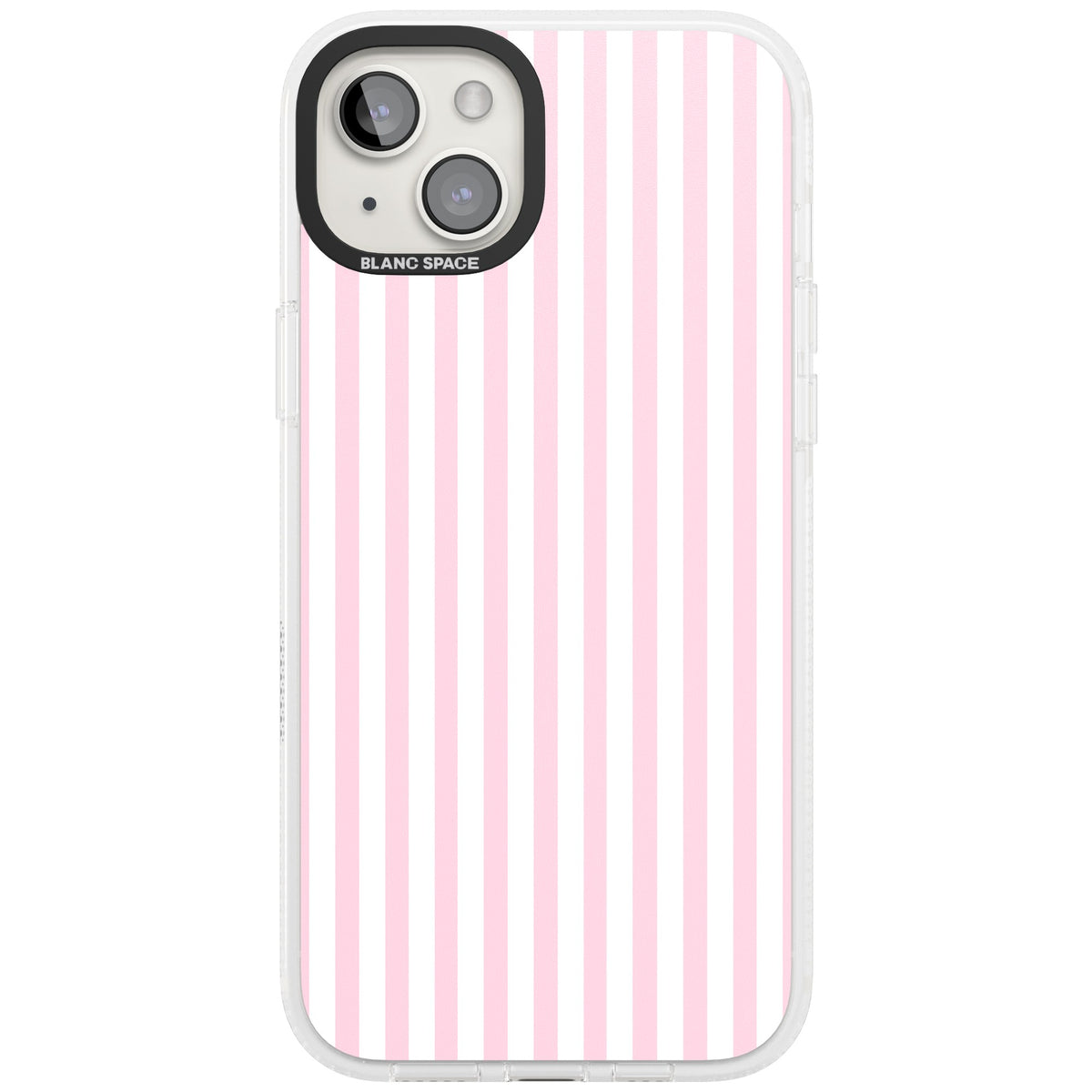 Pink Stripe preppy iPhone case featuring soft pastel pink and white vertical candy stripes iPhone 15 Plus Impact Air Phone Case front