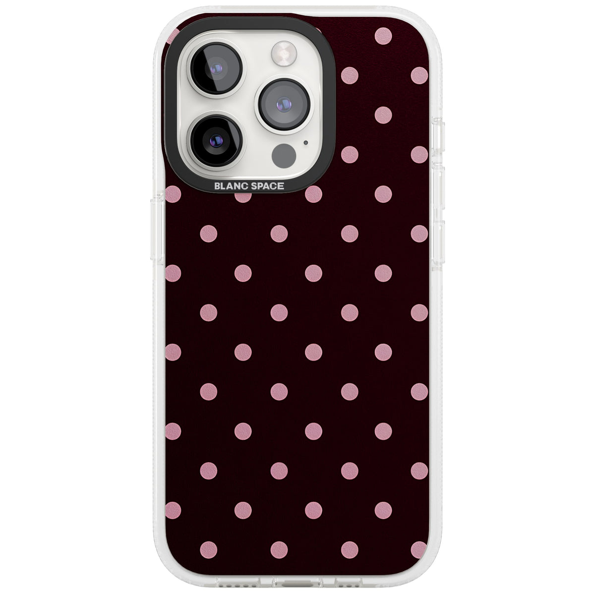 Merlot Dots polka dot iPhone case featuring dusty pink spots on a deep burgundy background in a retro grid iPhone 15 Pro Impact Air Phone Case front
