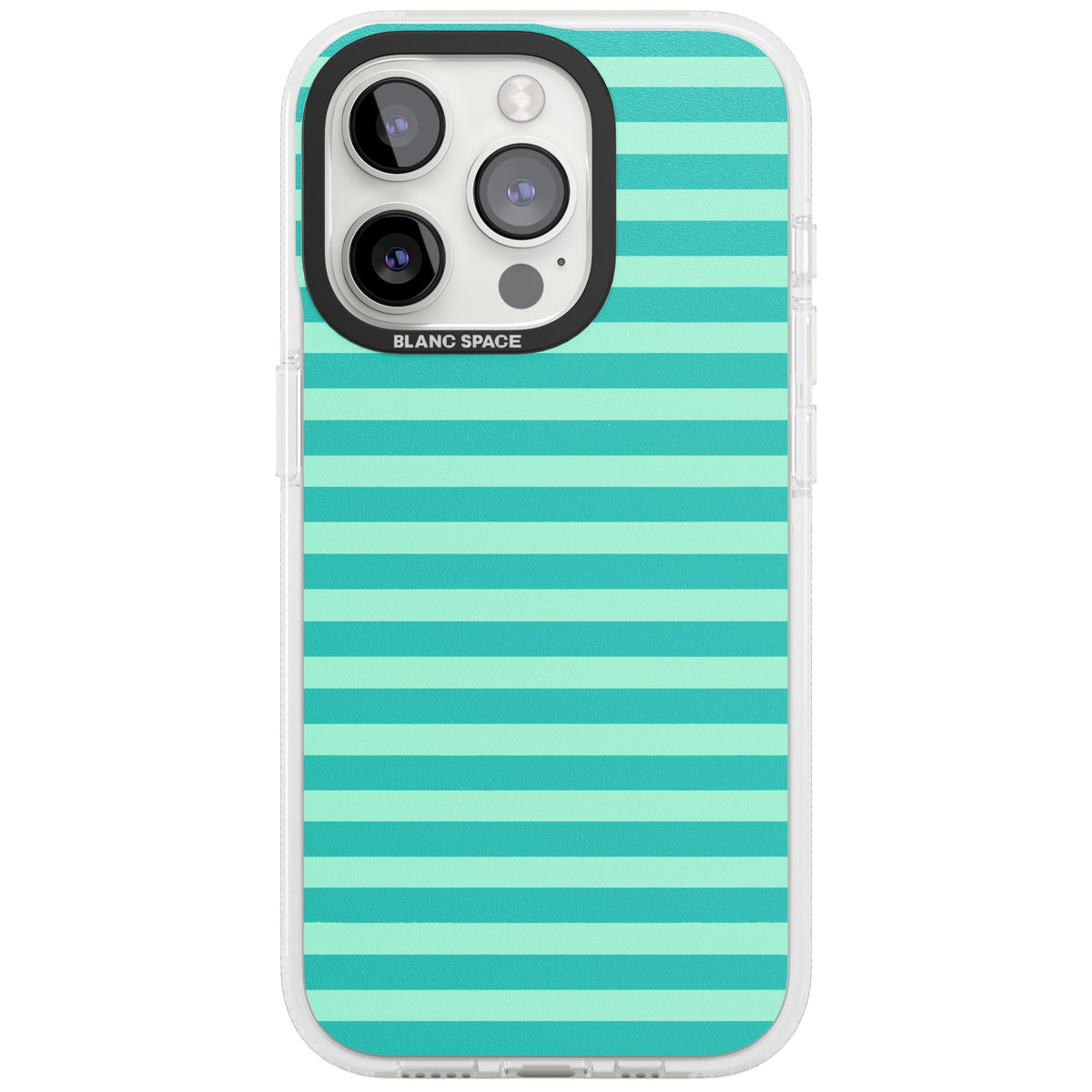 Turquoise Stripe preppy iPhone case featuring horizontal teal and mint green stripes on a black protective frame iPhone 15 Pro Impact Air Phone Case front