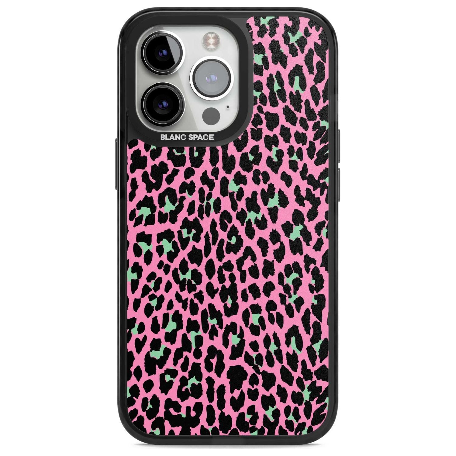Green on Pink Leopard Print Pattern Phone Case iPhone 15 Pro Max / Magsafe Black Impact Case,iPhone 15 Pro / Magsafe Black Impact Case,iPhone 14 Pro Max / Magsafe Black Impact Case,iPhone 14 Pro / Magsafe Black Impact Case,iPhone 13 Pro / Magsafe Black Impact Case Blanc Space