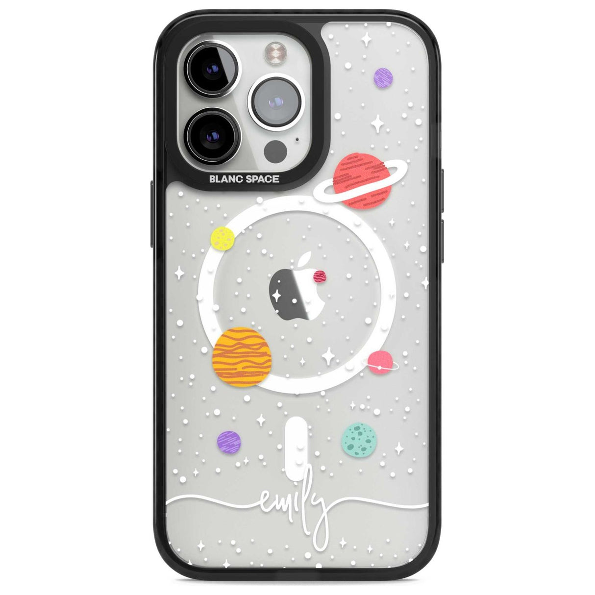 Personalised Cute Cartoon Planets (Clear) Phone Case iPhone 15 Pro Max / Magsafe Black Impact Case,iPhone 15 Pro / Magsafe Black Impact Case,iPhone 14 Pro Max / Magsafe Black Impact Case,iPhone 14 Pro / Magsafe Black Impact Case,iPhone 13 Pro / Magsafe Black Impact Case Blanc Space