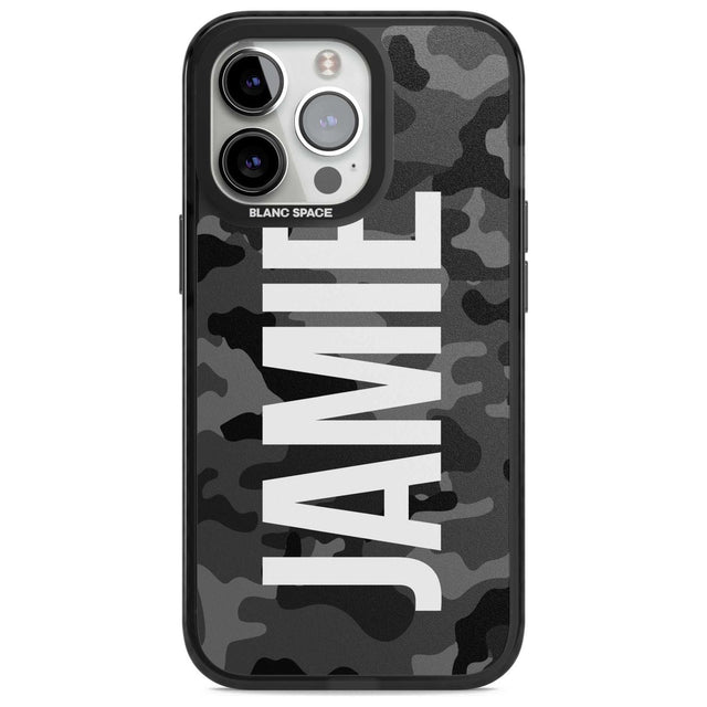 Personalised Vertical Name Black Camouflage Custom Phone Case iPhone 15 Pro Max / Magsafe Black Impact Case,iPhone 15 Pro / Magsafe Black Impact Case,iPhone 14 Pro Max / Magsafe Black Impact Case,iPhone 14 Pro / Magsafe Black Impact Case,iPhone 13 Pro / Magsafe Black Impact Case Blanc Space
